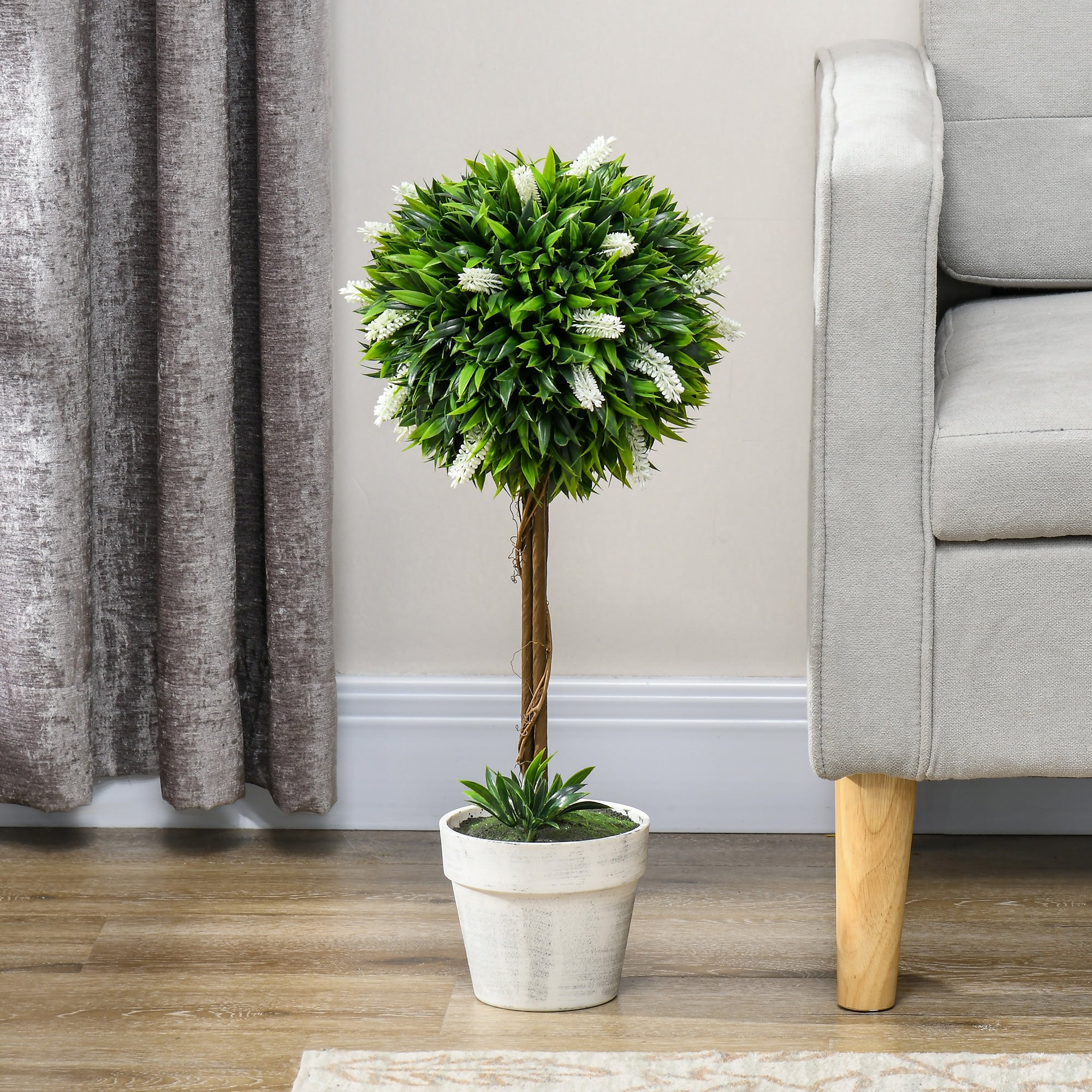 HOMCOM 2er-Set Lavendel Kunstbaum, 60 cm hoch, inkl. Topf und Kunstmoos, Weiß