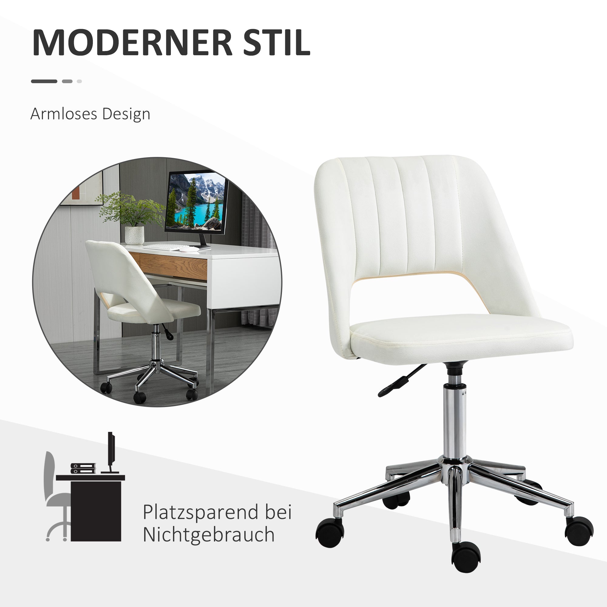 Vinsetto Höhenverstellbarer Schreibtischstuhl mit Rollen, 360° drehbar, Jakobsmuschel-Form, Schaumstoff, 49 x 60 x 79-91 cm, Cremeweiß