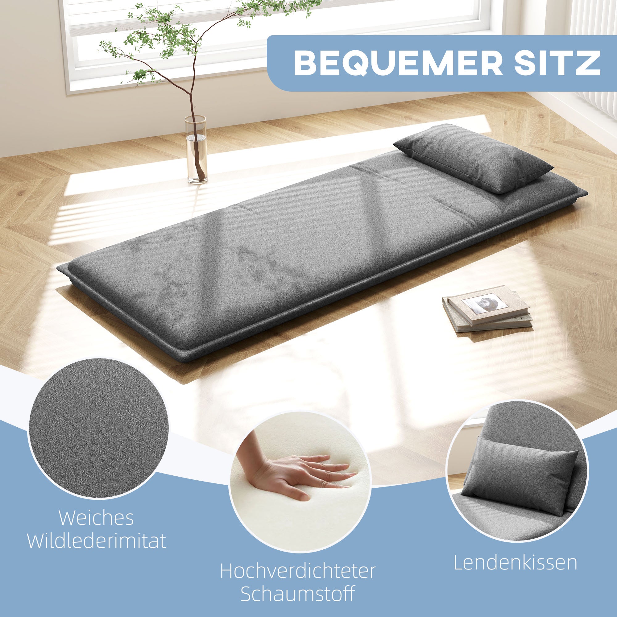 HOMCOM Bodensessel, 3-in-1-Design, Verstellbarer Bodenstuhl, Chaiselongue für Wohnzimmer, Schlafzimmer, Gästezimmer, Büro, Grau