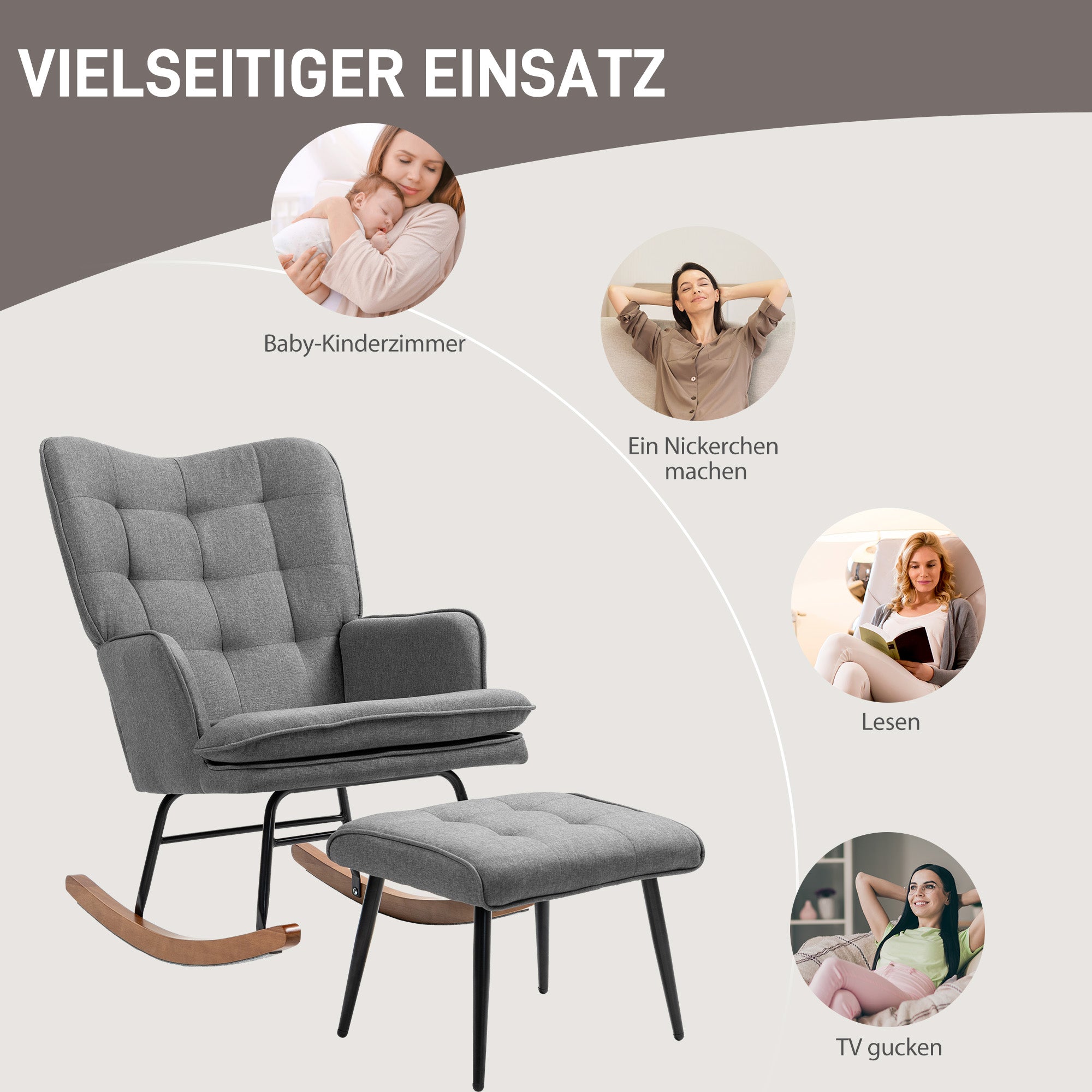 HOMCOM Schaukelstuhl mit Hocker, komfortabel, bis 130 kg, Leinenoptik, 64x89x90cm, Dunkelgrau