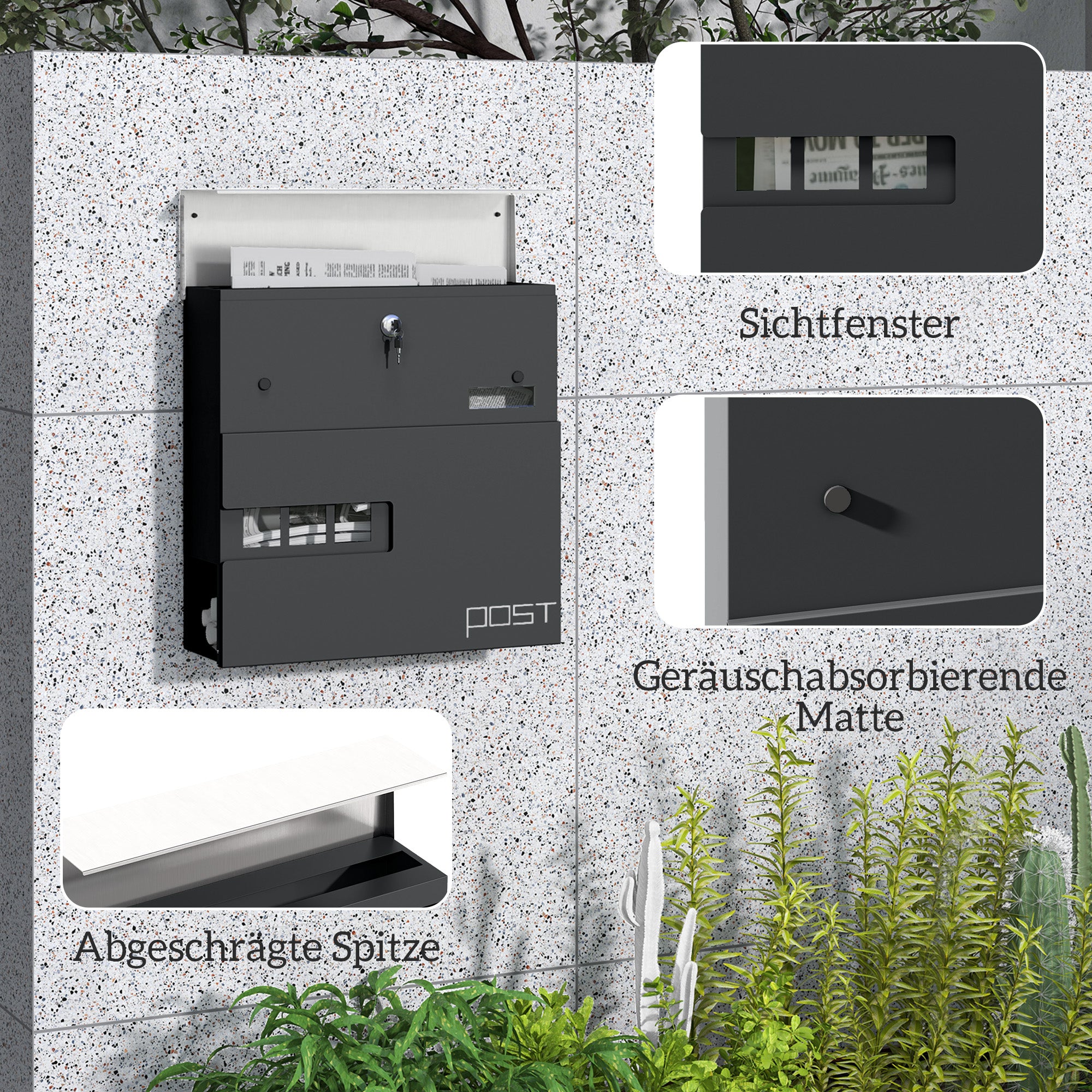 HOMCOM Briefkasten, Wandmontage, Abschließbar, Sichtfenster, Stahl, Grau