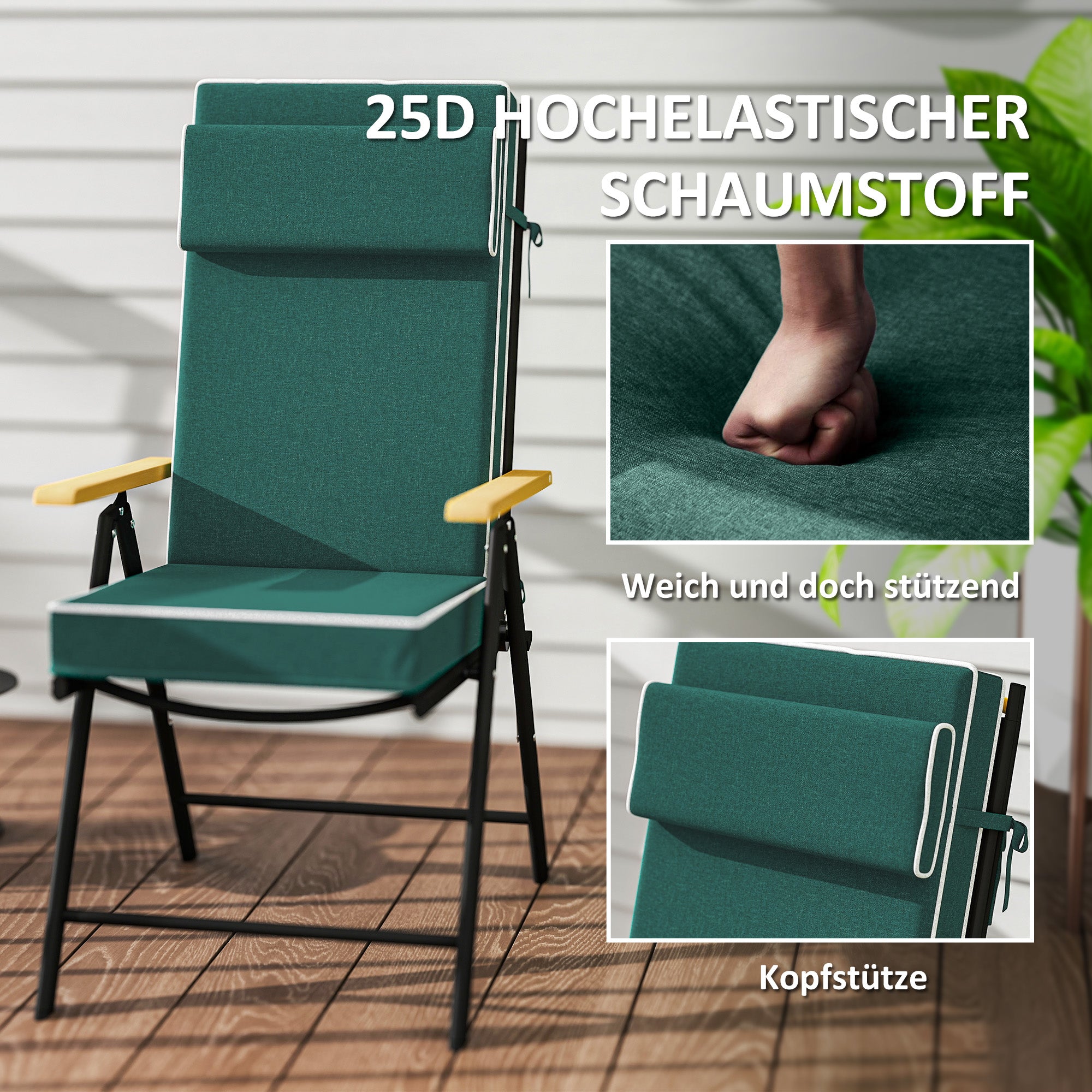 Outsunny Sitzkissen 120 x 47 x 9,5 cm wasserabweisend Stuhlkissen mit Bändern, Kopfstütze, UPF50+ Grün
