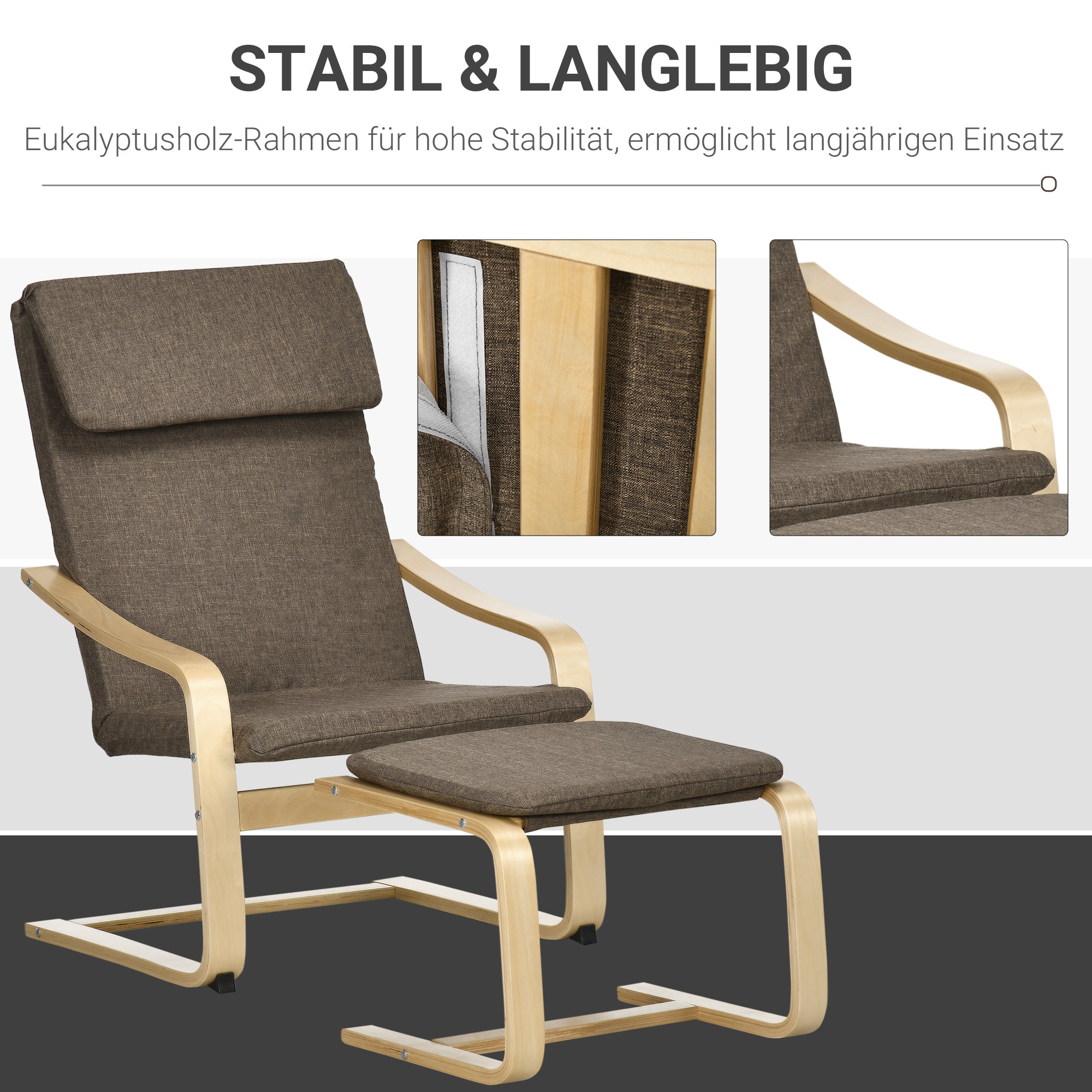 HOMCOM Sessel mit Fußhocker, Sessel-Set, Leinenoptik, Massivholz, Braun + Natur