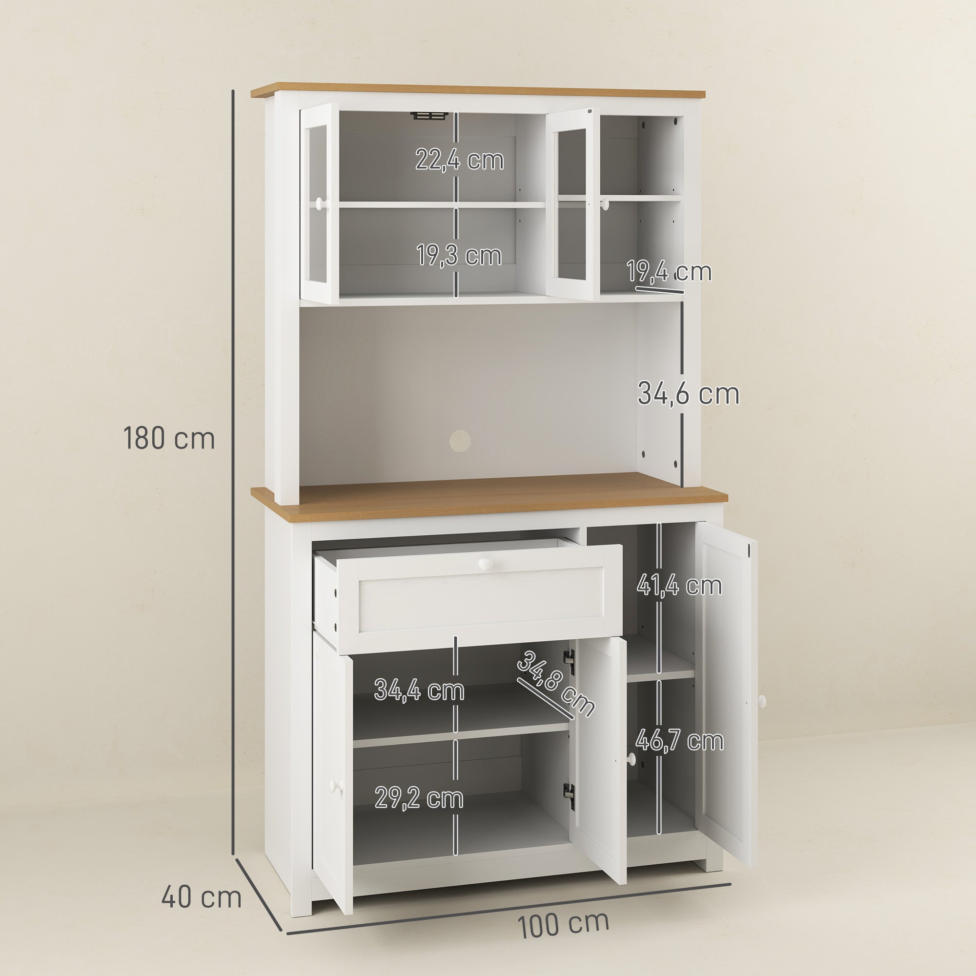 HOMCOM Küchenschrank im Landhausstil, 1 Vitrine, 1 offenes Regal, 1 Schublade, 2 Schränke, Natur + Weiß