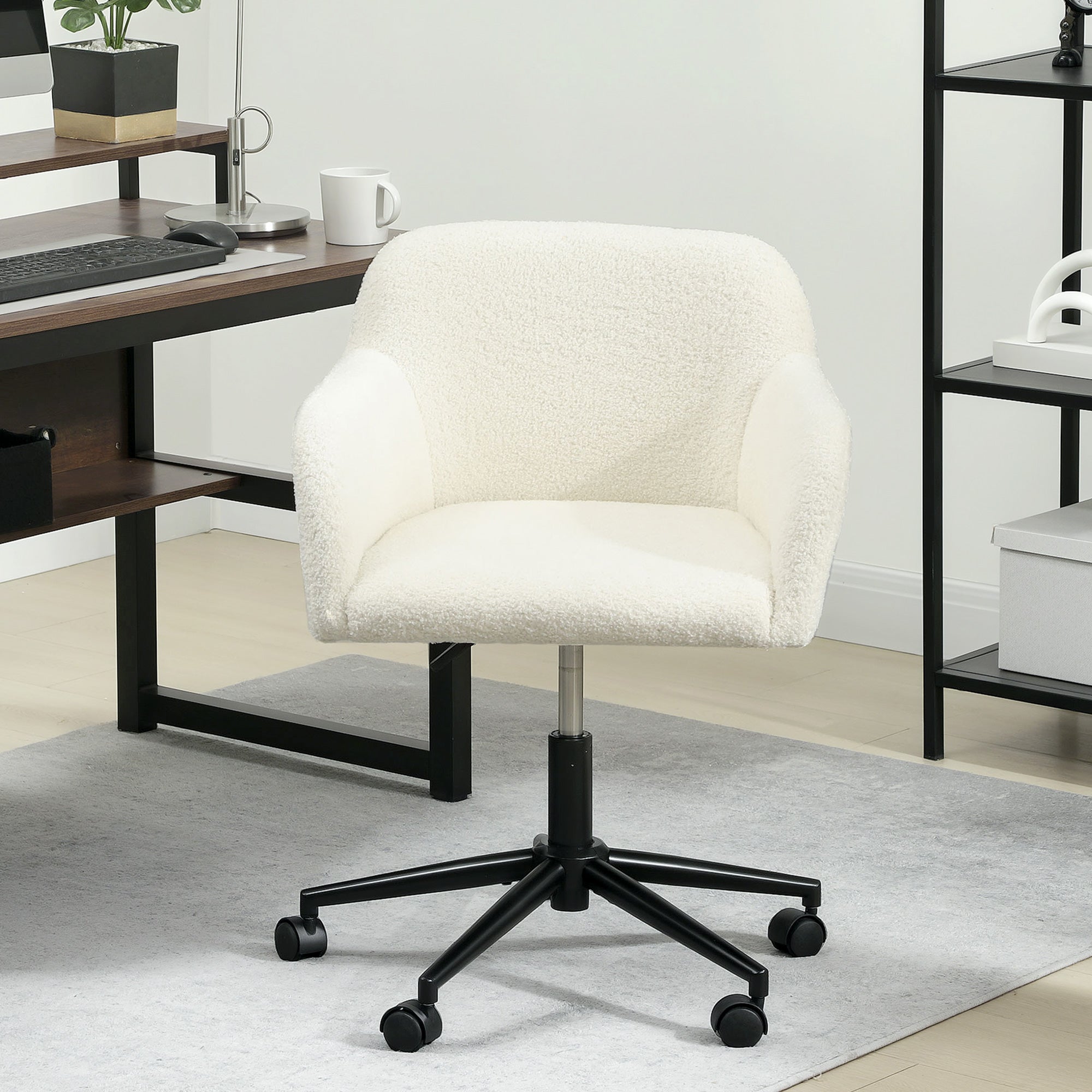 HOMCOM Drehbarer Bürostuhl mit Rollen, Schreibtischstuhl, Fleece-Stoff, Schaumstoff, höhenverstellbar, Homeoffice, Cremeweiß