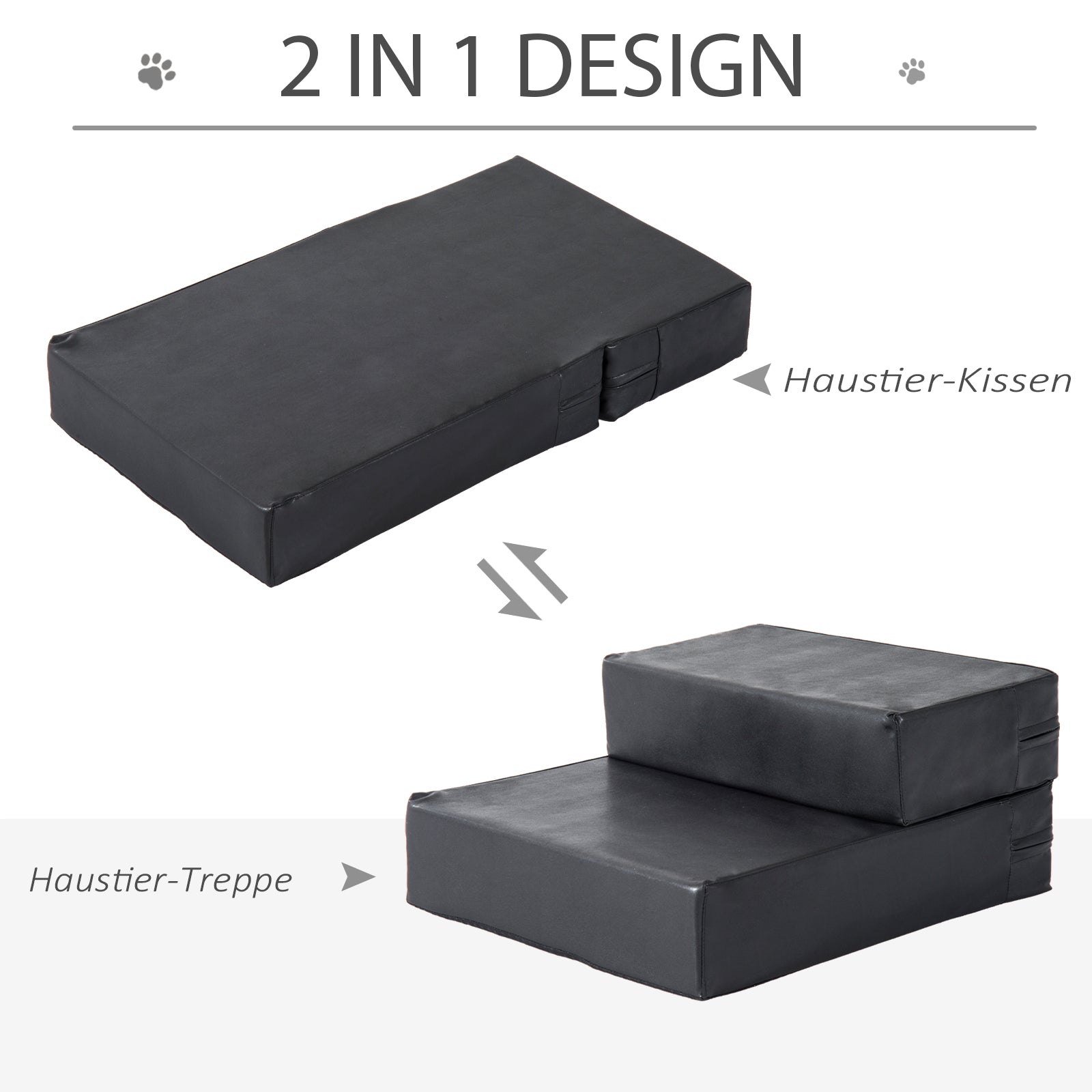 PawHut Haustiertreppe Tierunterlage 2 Stufen Klappbar Hundetreppe Treppe Unterlage für Katzen und Hunde Schwarz L45 x B39 x H20 cm
