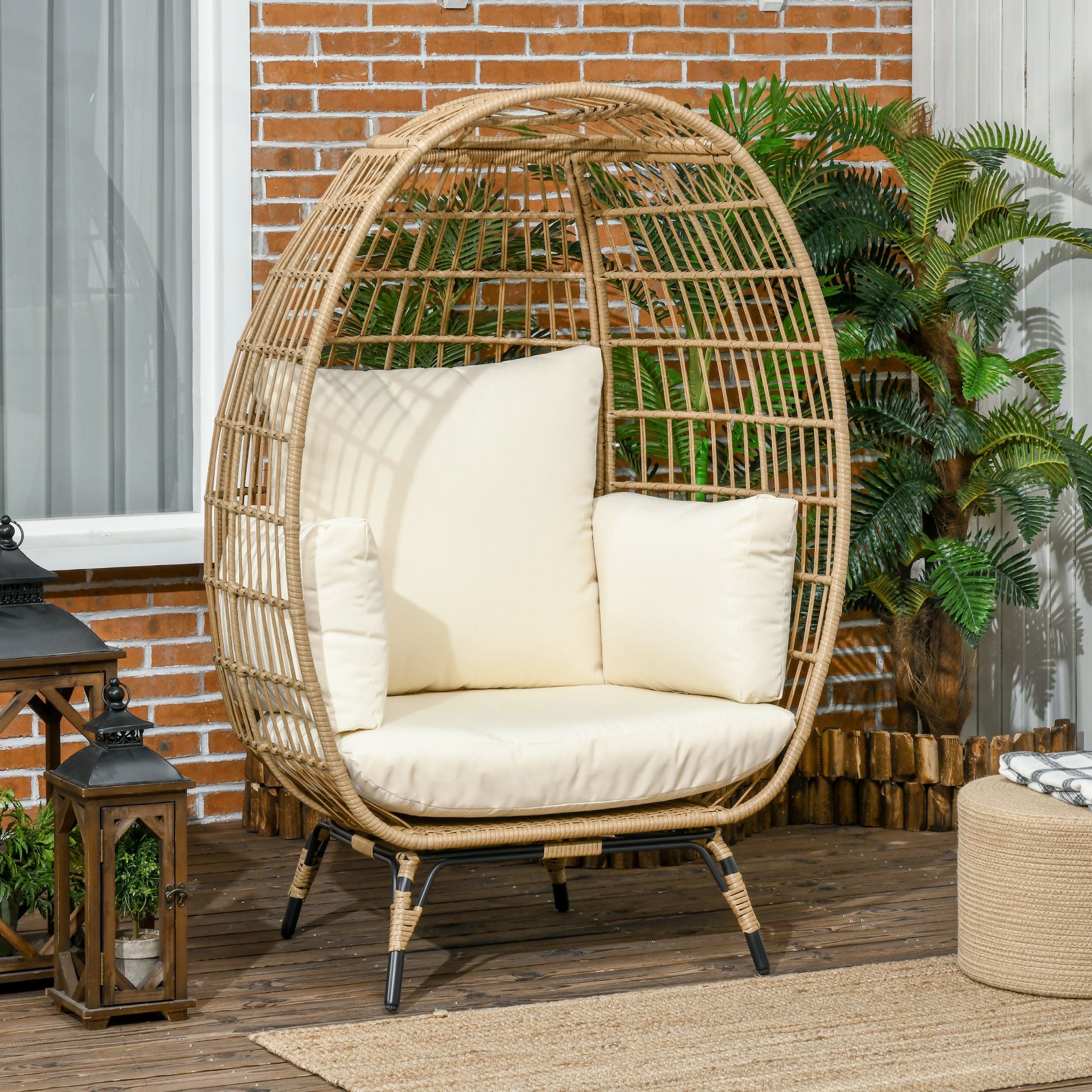 Outsunny Korbstuhl in Rattanoptik, weiche Sitzkissen, Aluminiumrahmen, khaki+beige, 105 x 90 x 148 cm