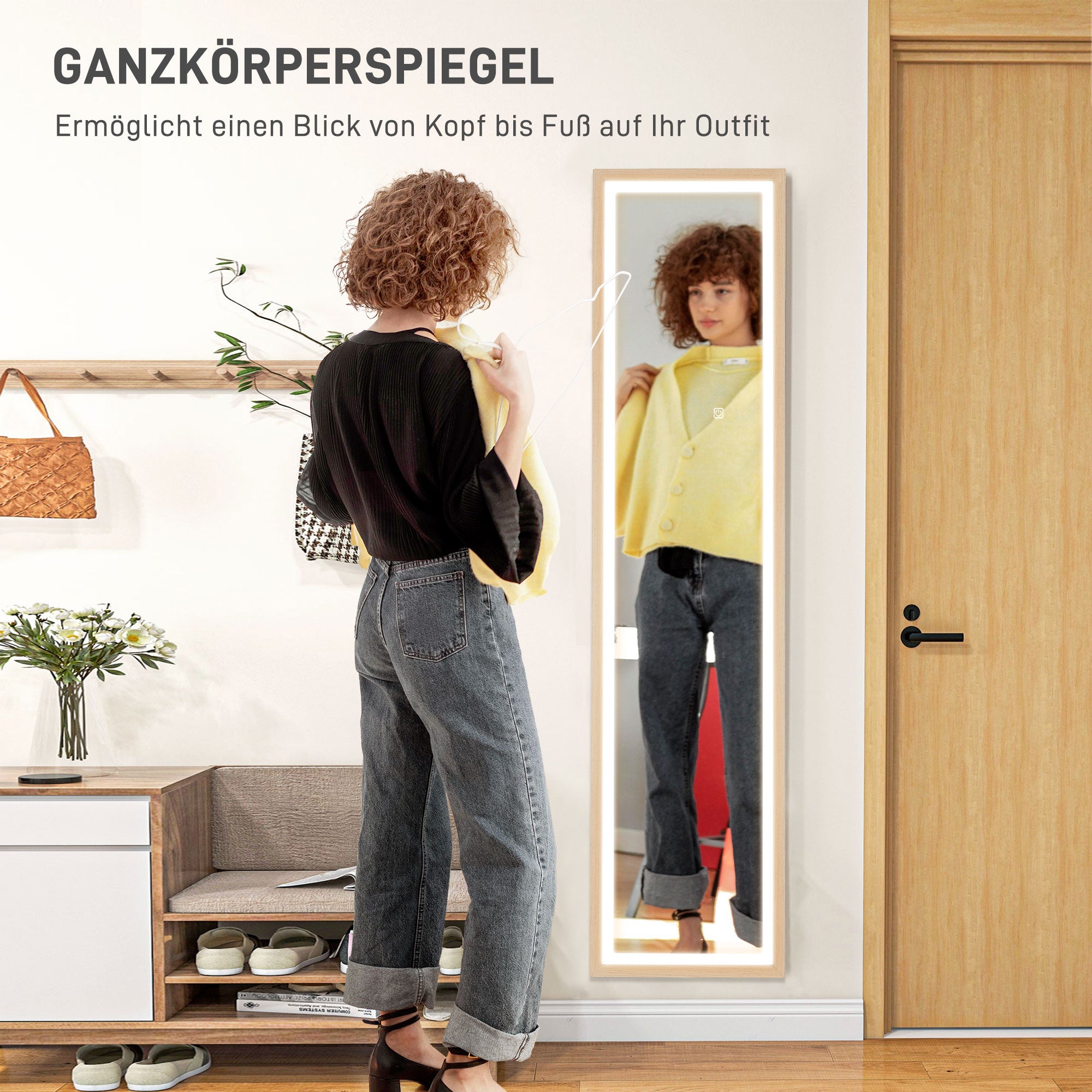 HOMCOM LED Ganzkörperspiegel, 40 x 160 cm, Touch-Steuerung, dimmbar, 3 Farben,  Eiche