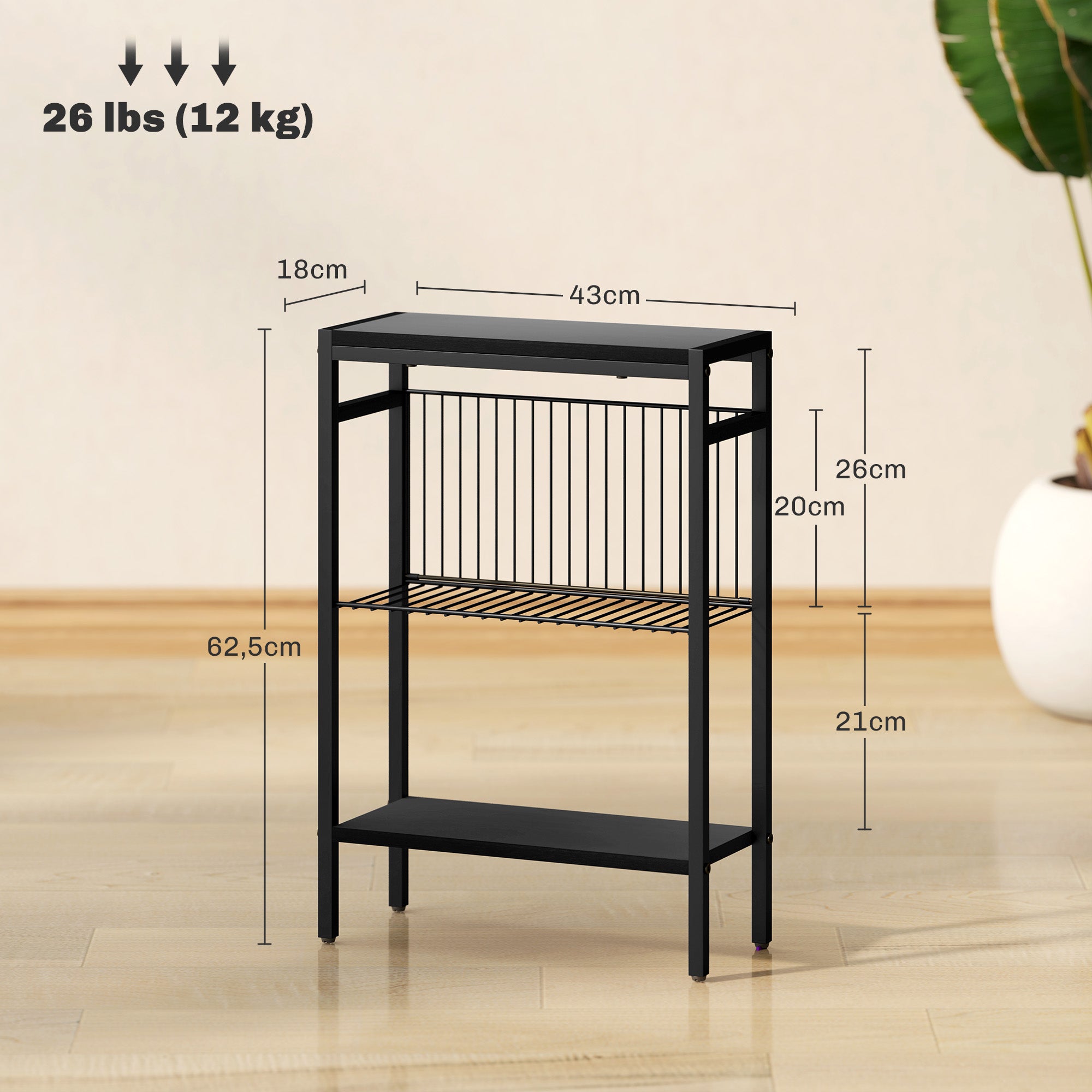HOMCOM Beistelltisch, 3-stufiges Design, Regale in Holzoptik, Stahlrahmen, Schwarz