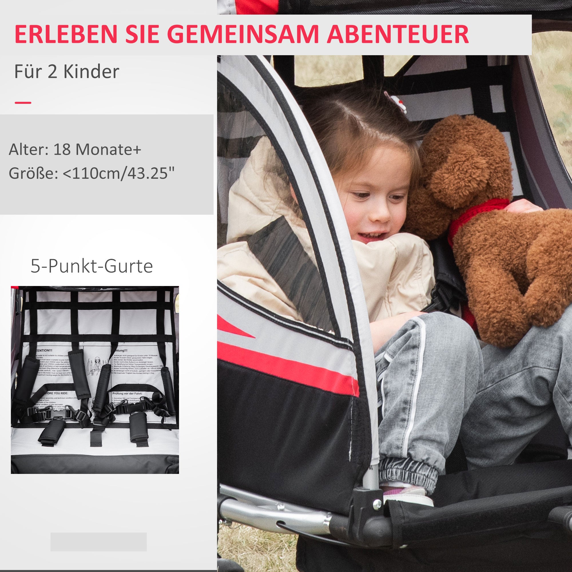 HOMCOM Kinderfahrradanhänger, 2-in-1, Joggerfunktion, wetterfeste Plane, Stahlrahmen, rot+schwarz, 142 x 75 x 101cm