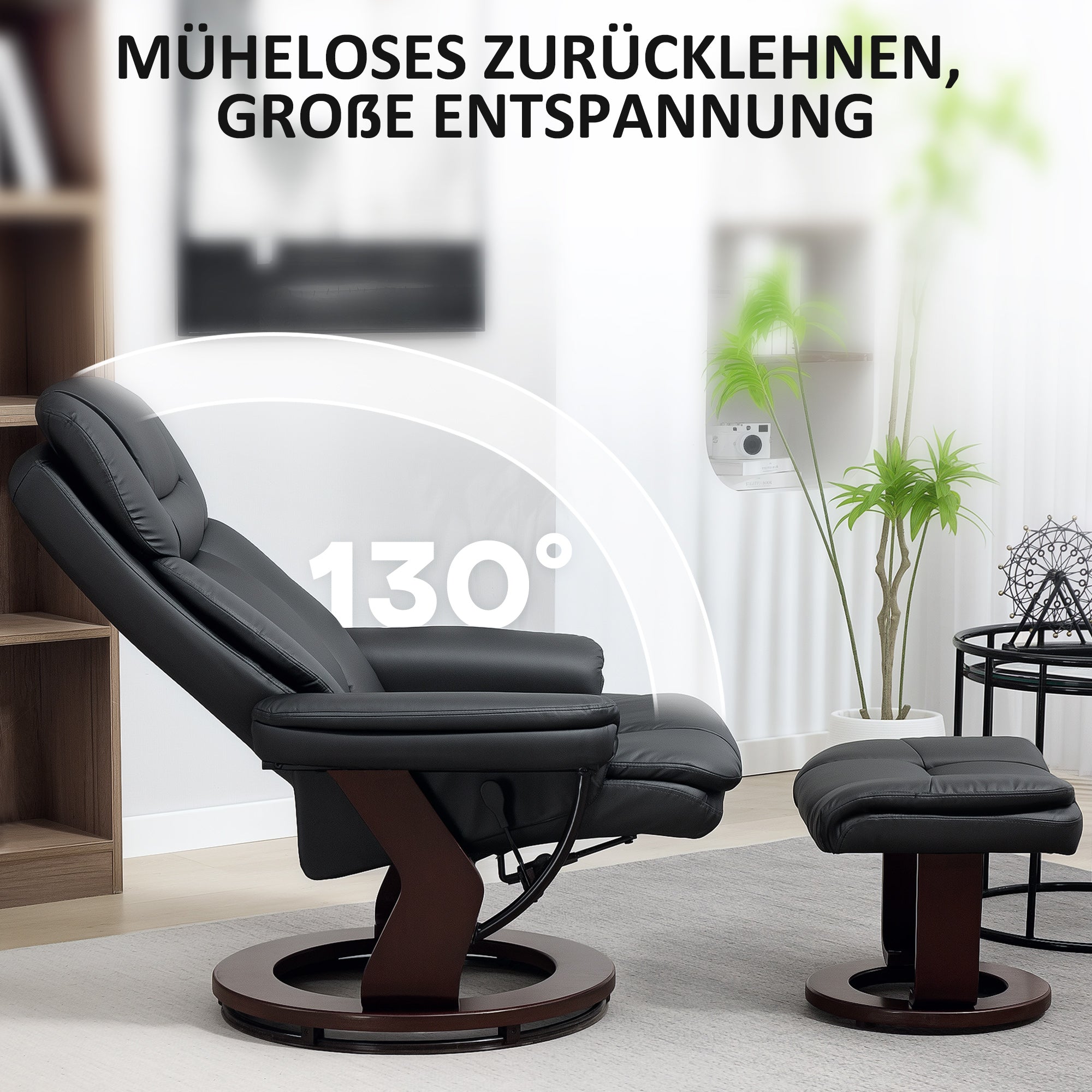 HOMCOM Relaxsessel mit Fußhocker, Verstellbarer Sessel, Kunstleder-Bezug, Polstersessel mit klappbarer Rückenlehne, Schwarz
