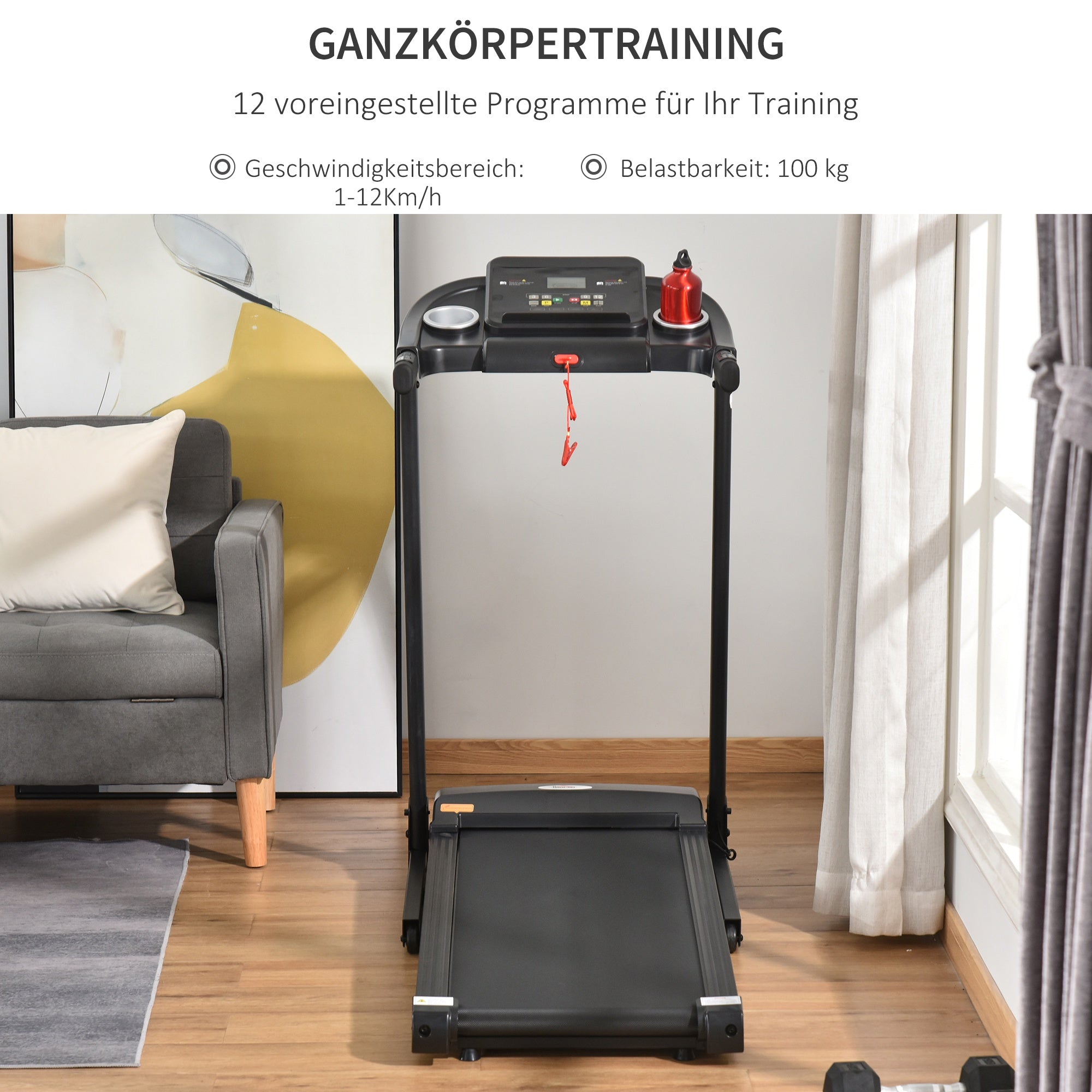 HOMCOM Laufband Klappbar elektrisch 500 W 1-12 km/h LED-Display Getränkehalter und Handyhalterung sehr gut geeignet für Home Gym Indoor Fitness Schwarz 134 x 60 x 118 cm
