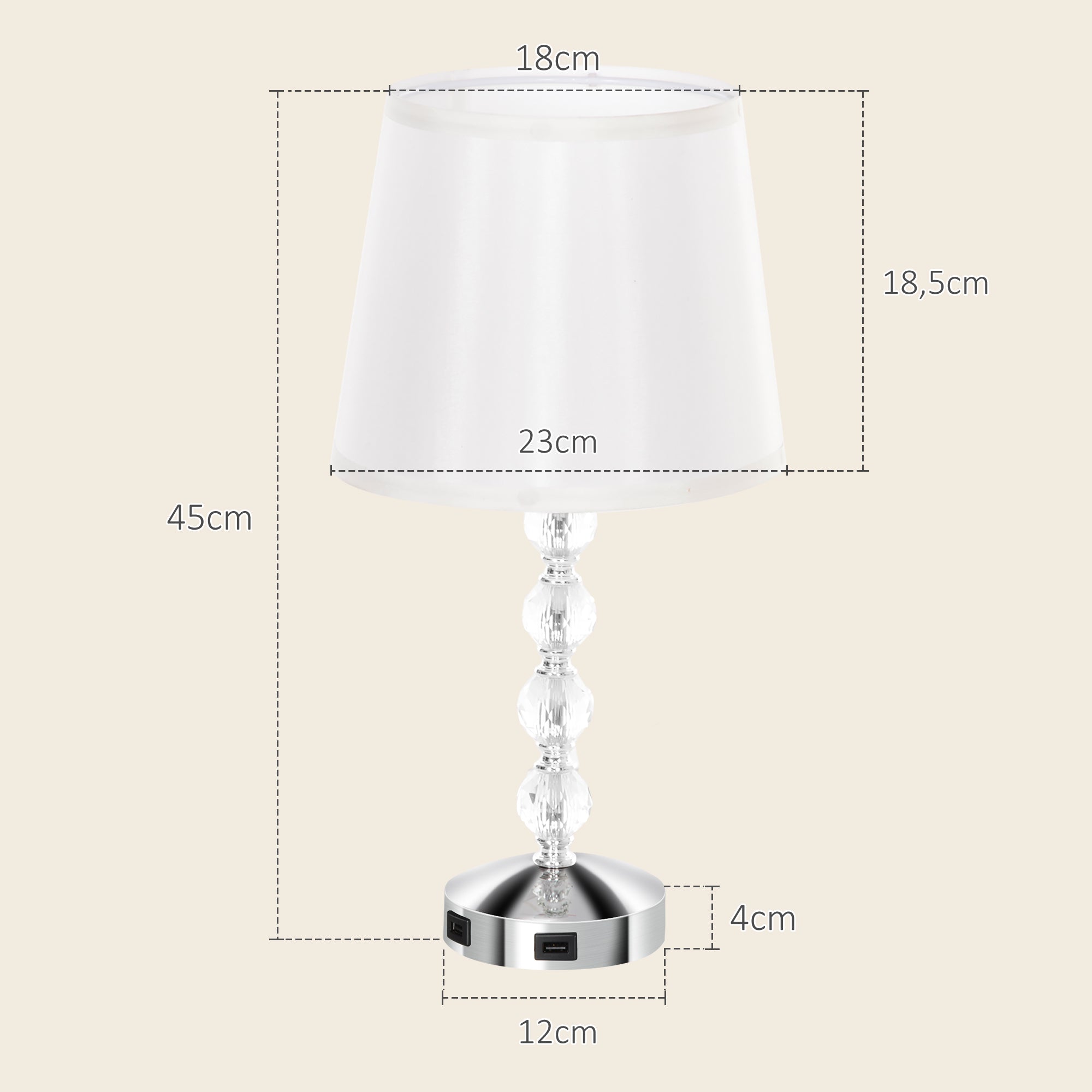 HOMCOM Kristall-Tischleuchte, Touch-Schalter, USB-Ladeanschluss, Ø23x45 cm, Silber