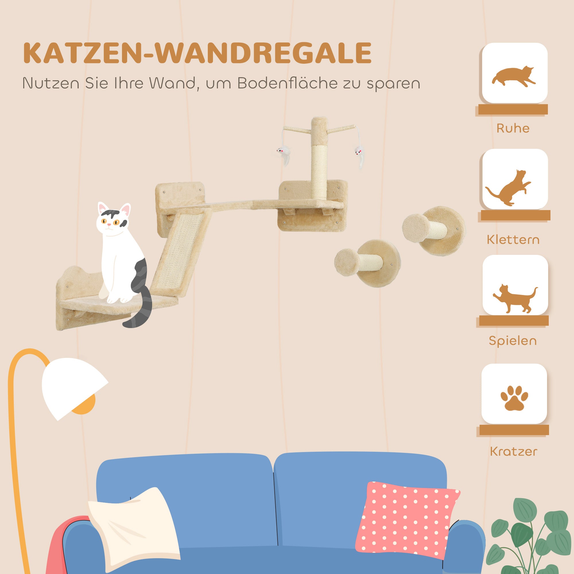 PawHut Katzen Kletterwand Set mit Kratzpfosten, Sprungplattformen und Spielbällen, zum Klettern und Ausruhen, Beige