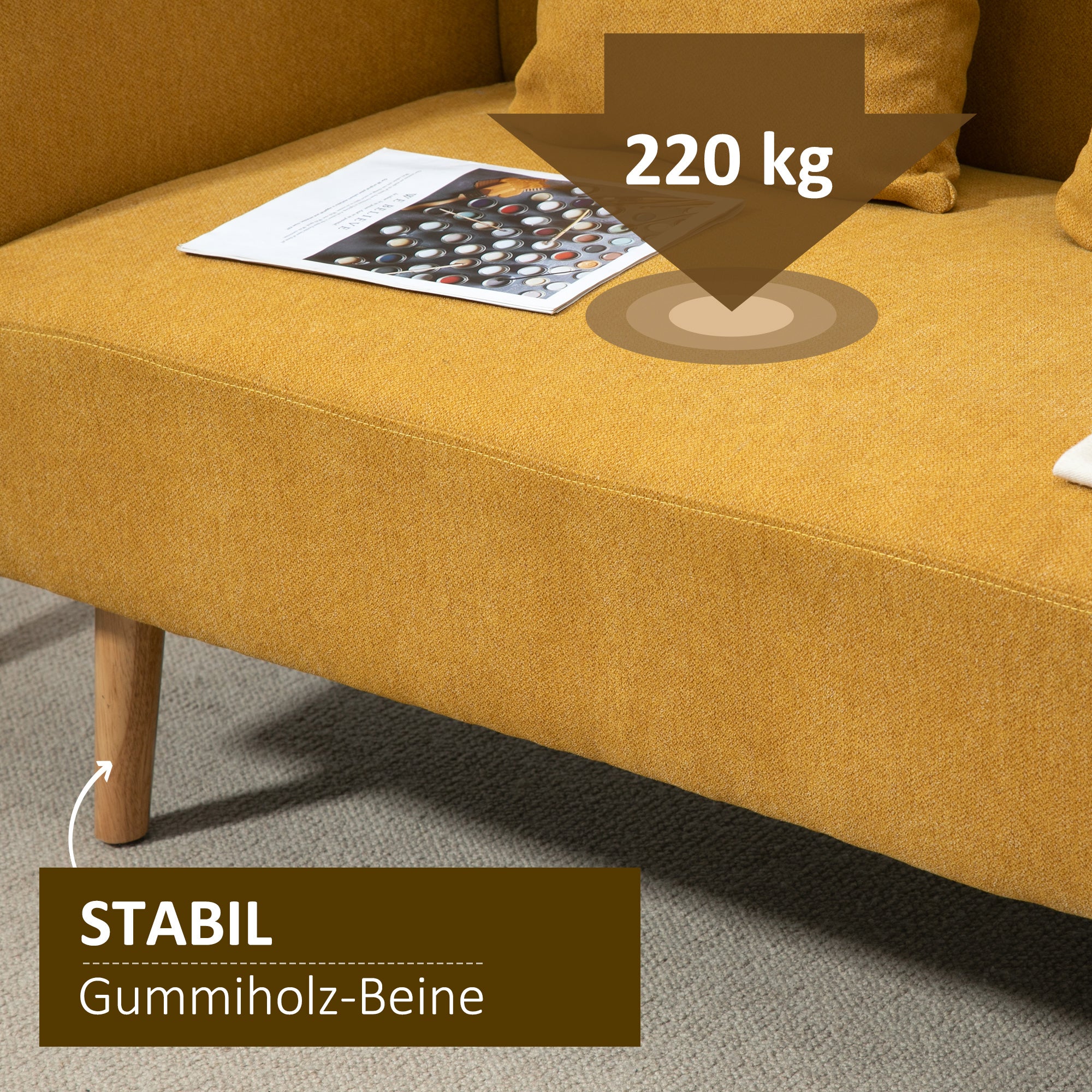 HOMCOM 2 Sitzer Sofa, Couch mit 2 Wurfkissen, gepolsterter Doppelsofa, Polstersofa mit Samtopik, Armlehne, Loveseat für Wohnzimmer, Schlafzimmer, 130 x 70 x 80 cm, Gelb