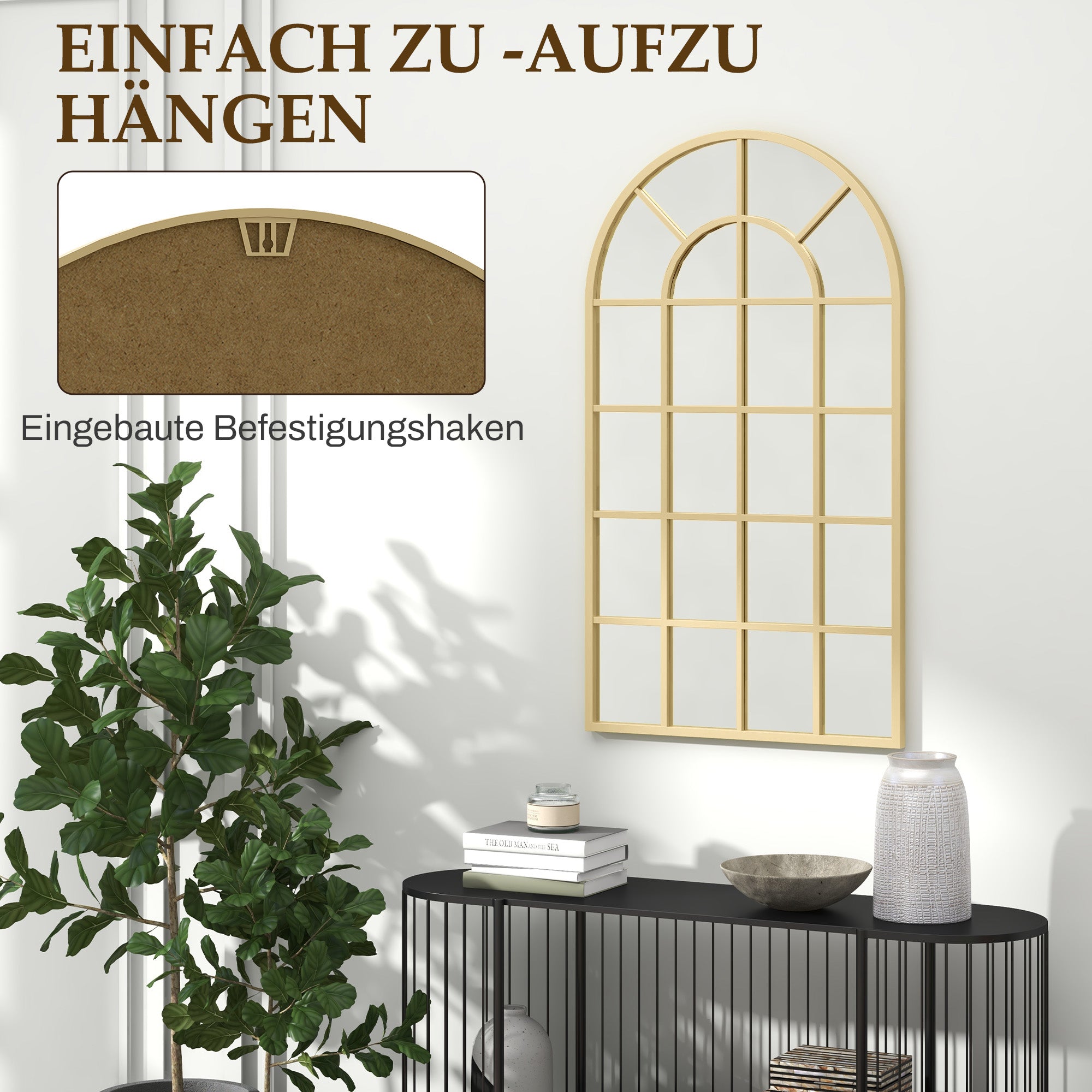 HOMCOM Wandspiegel, Fenster-Design, Flurspiegel, Metallrahmen, 110 x 65 cm, Gold