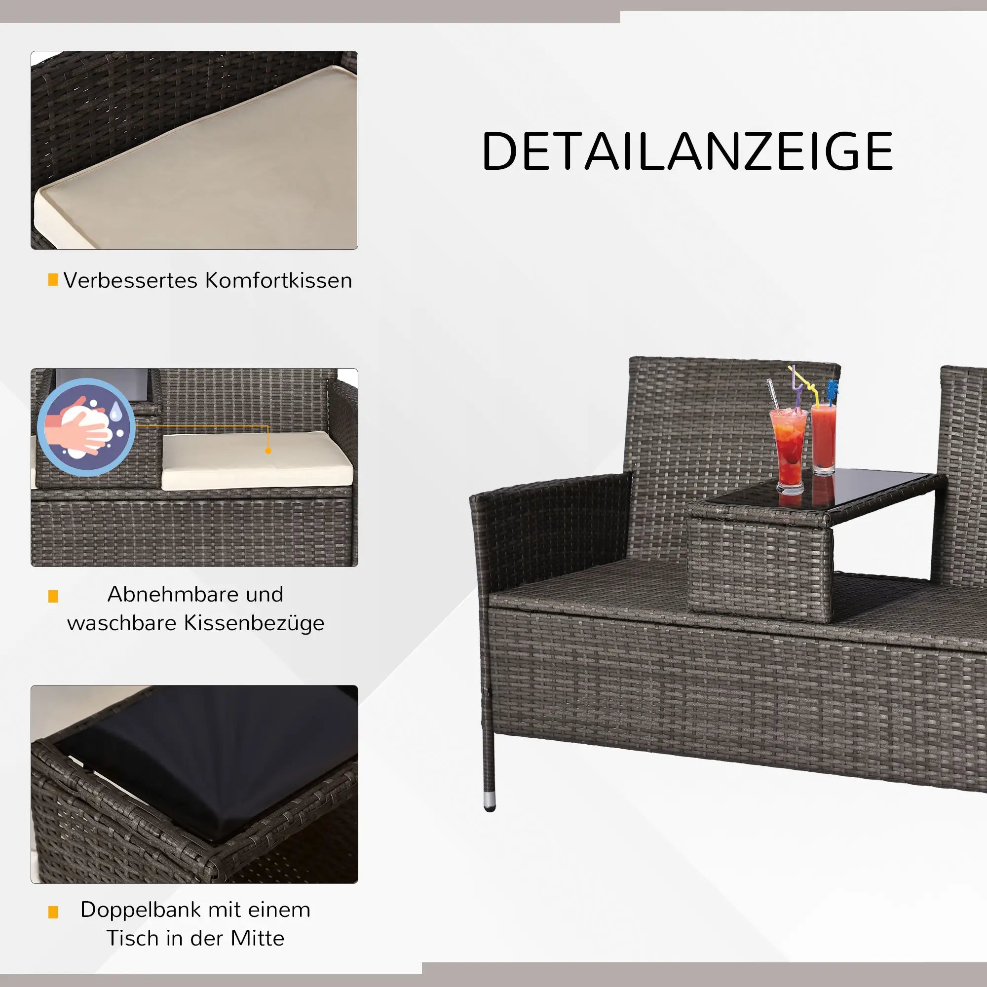 Outsunny Polyrattan Gartenbank 2-Sitzer mit integriertem Tisch Outdoor