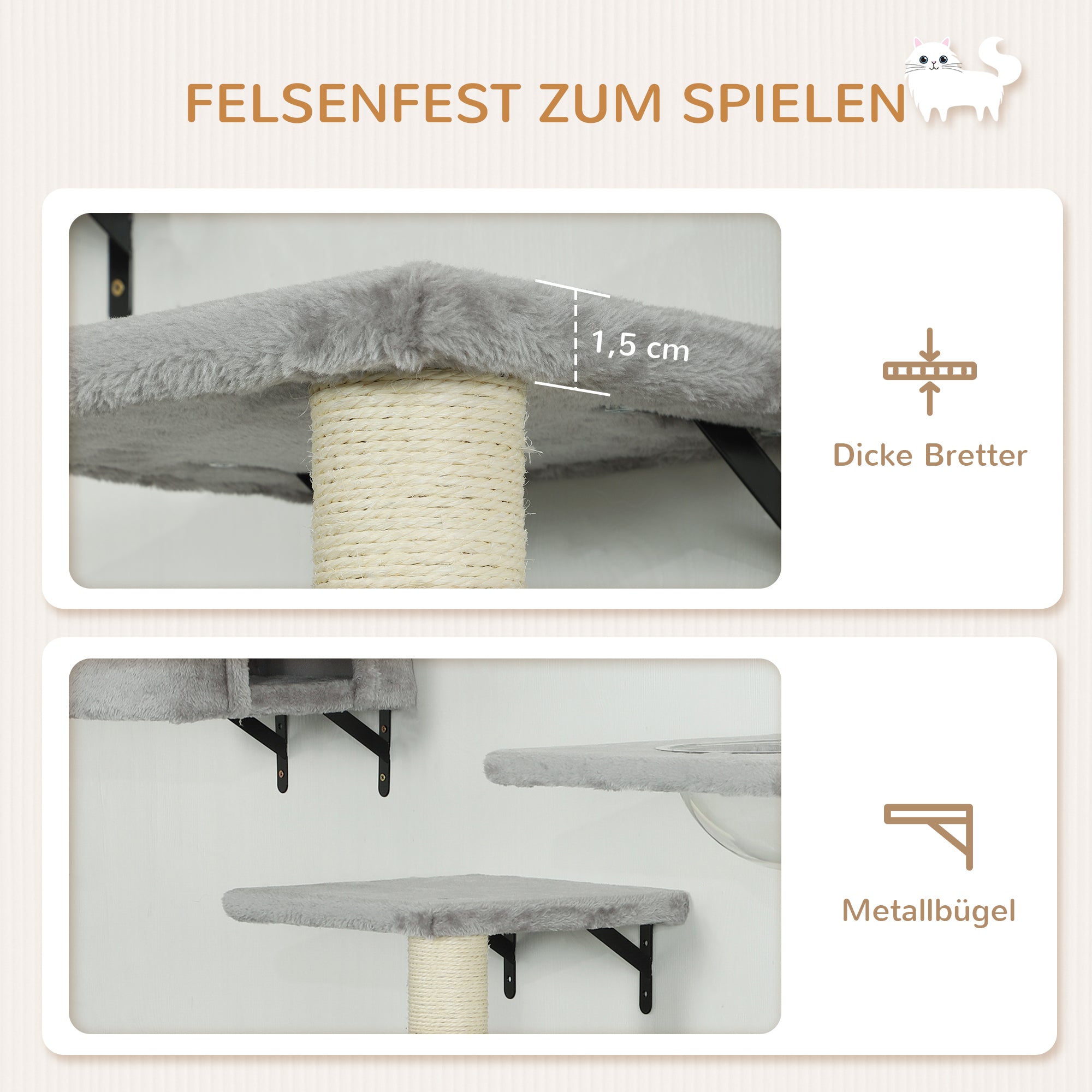 PawHut Kletterwand Katzen 7-teilig Katzen Kletterwand Set mit Katzenhaus, Plattform, Plattform Grau