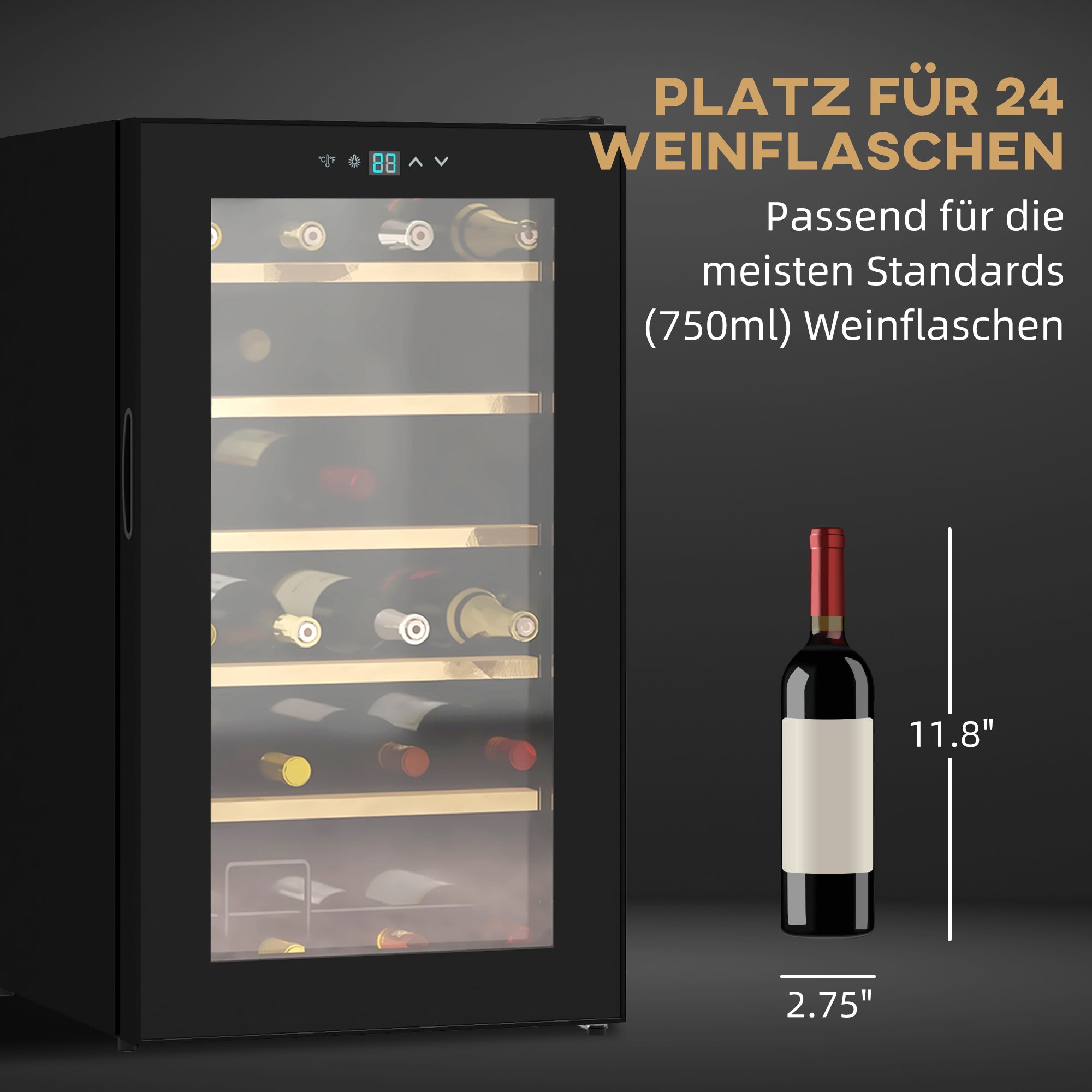 HOMCOM Weinkühlschrank klein Wohnzimmer für 24 Flaschen, einstellbare Temperatur 5 bis 20° C, LED-Beleuchtung, schwarz, 43 x 45 x 75 cm