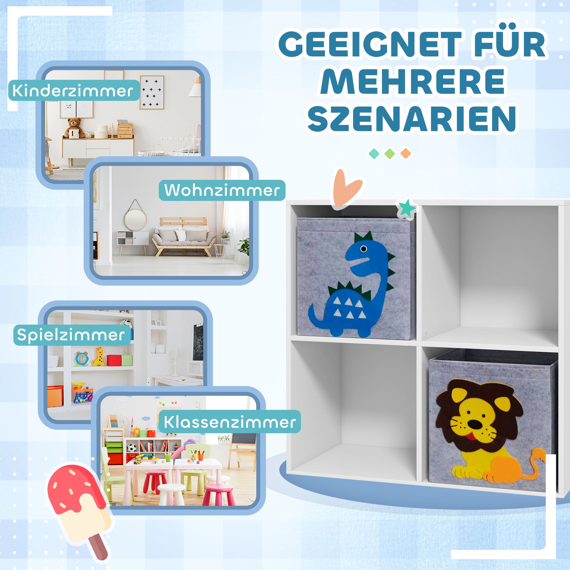 ZONEKIZ Aufbewahrungsregal für Kinder, Würfel, Schubladen, MDF, Kippschutz, Weiß