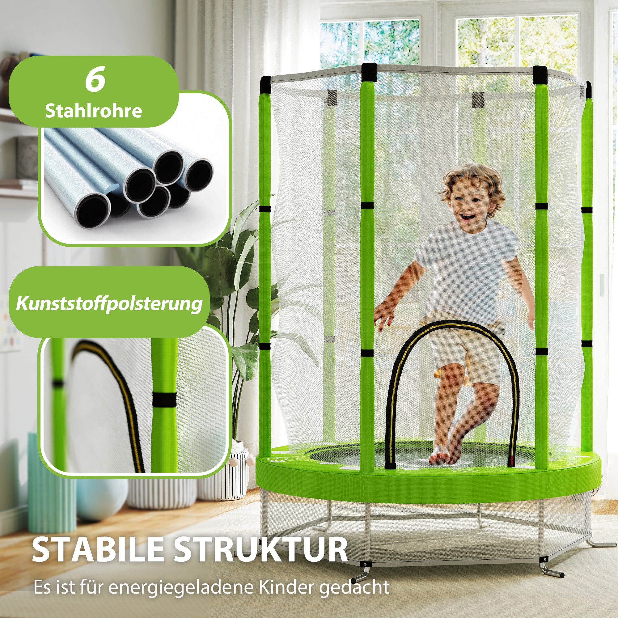 AIYAPLAY Kindertrampolin mit Sicherheitsnetz, für den Innen- und Außenbereich, 3-6 Jahre, Grün