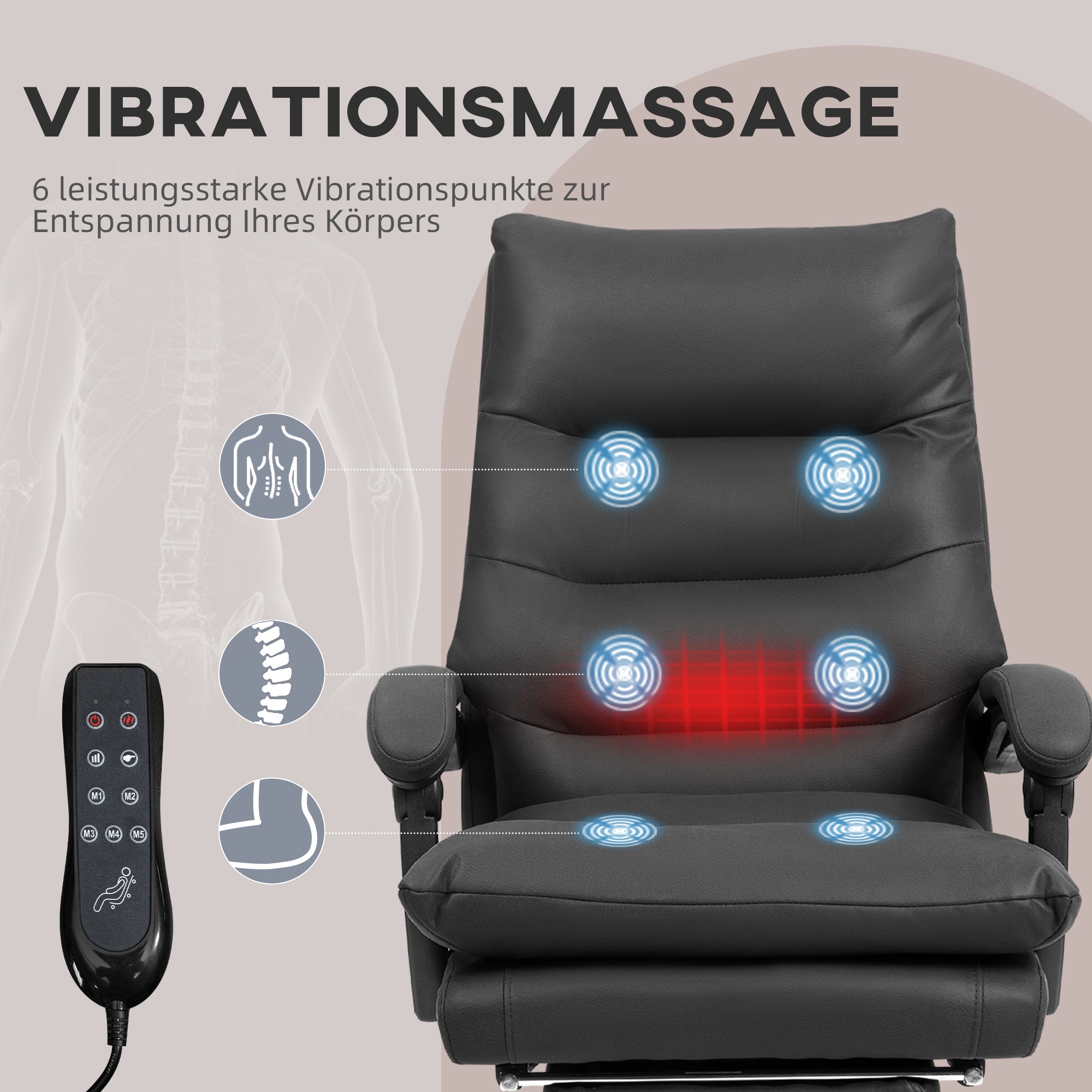 Vinsetto Bürostuhl mit Massagefunktion, beheizbar, neigbar, Kunstleder, 65x72x109-117cm, Schwarz