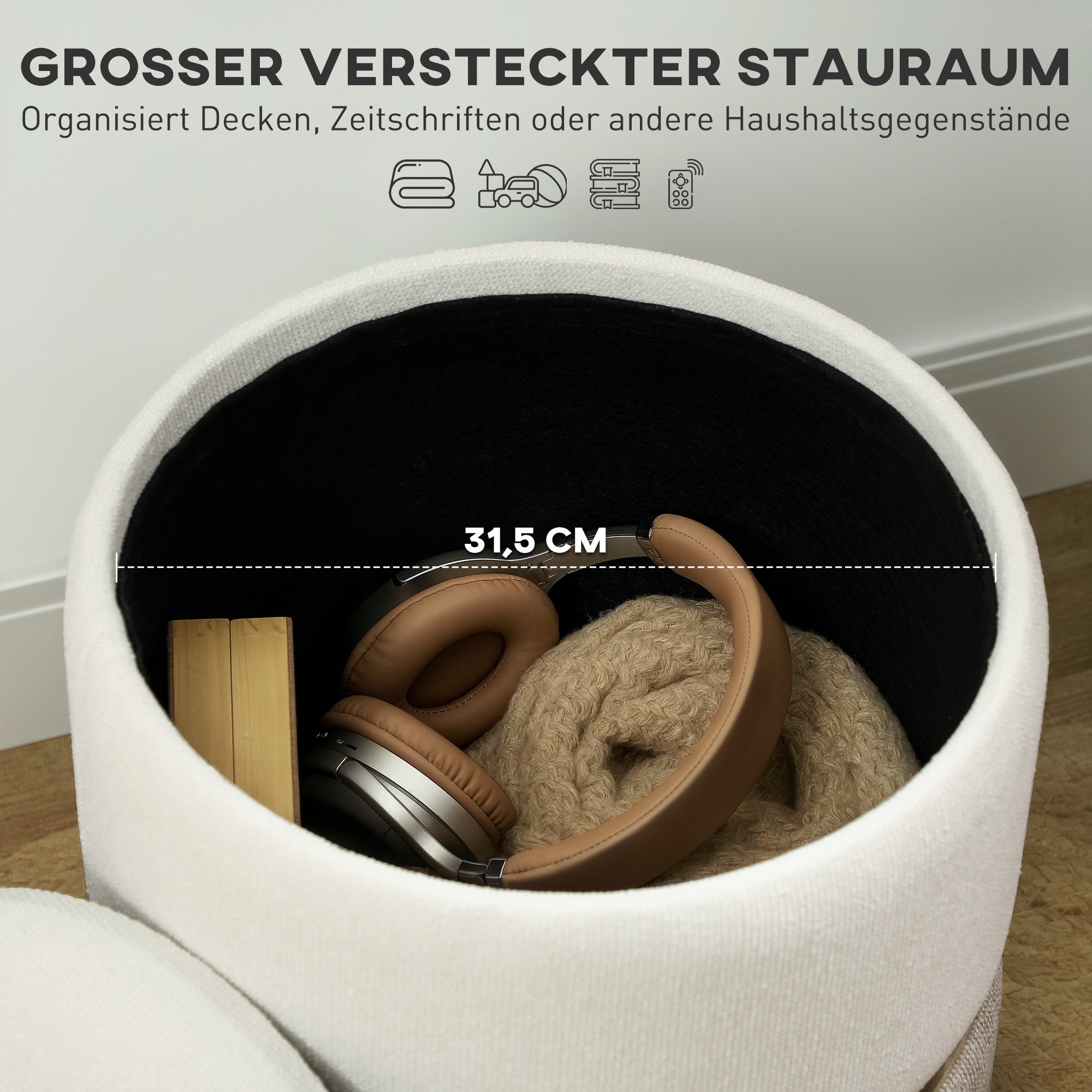 HOMCOM Sitzhocker mit Stauraum Hocker mit Deckel, Metallring, zweifarbig Design 36 x 36 x 44 cm Cremeweiß