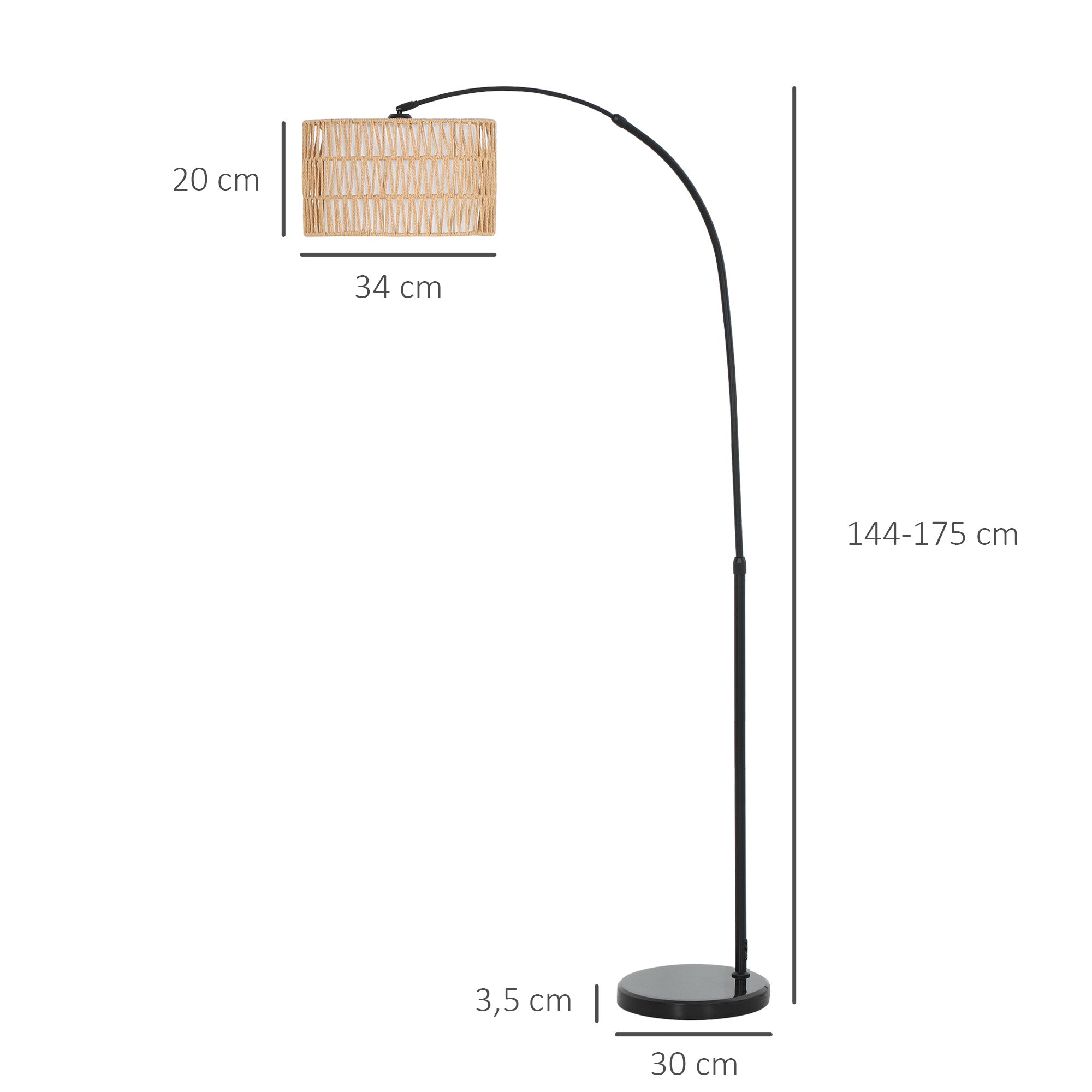 HOMCOM Stehlampe mit Hanfseil-Schirm, höhenverstellbar, Fußschalter, Metall, Schwarz
