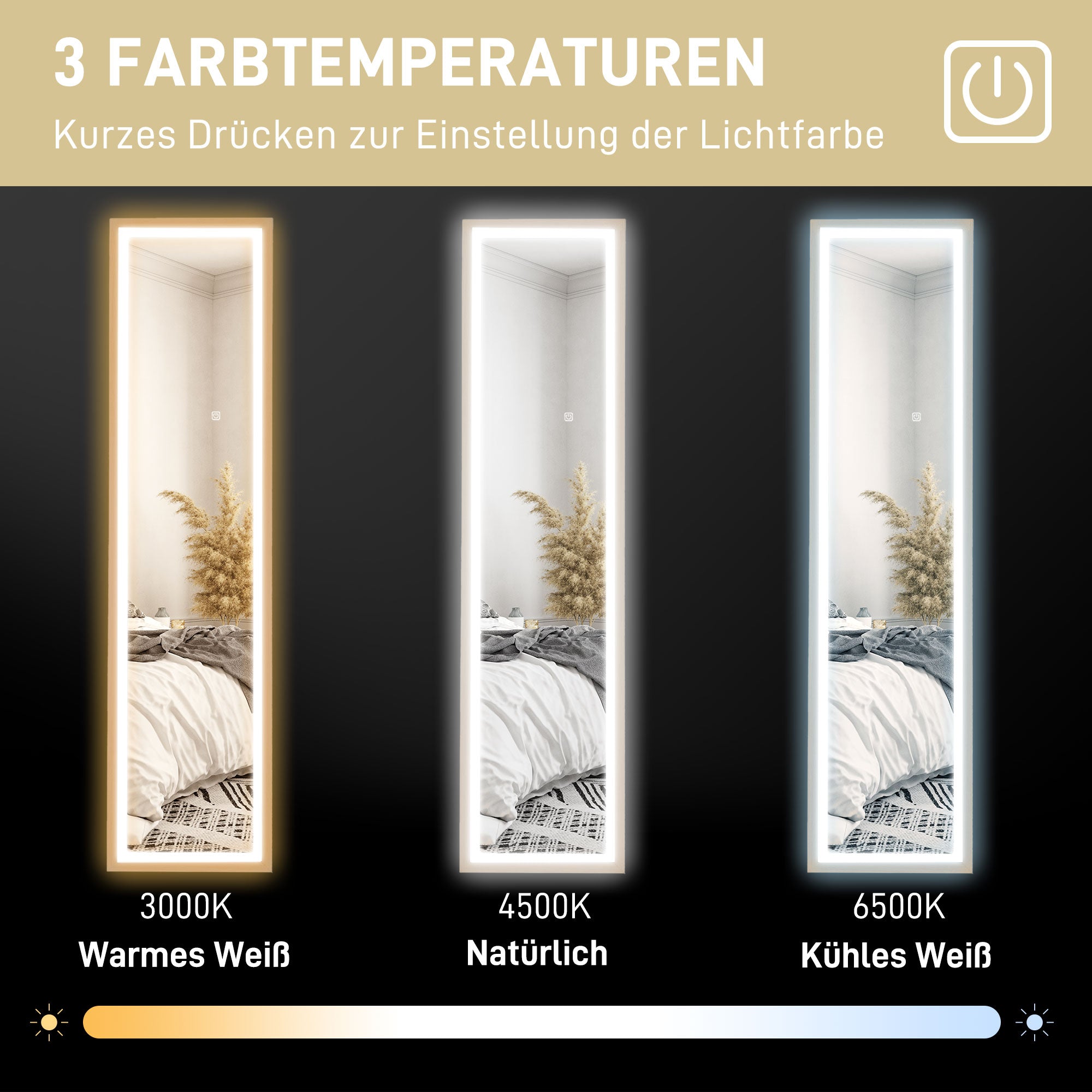 HOMCOM LED Ganzkörperspiegel, 40 x 160 cm, Touch-Steuerung, dimmbar, 3 Farben,  Eiche