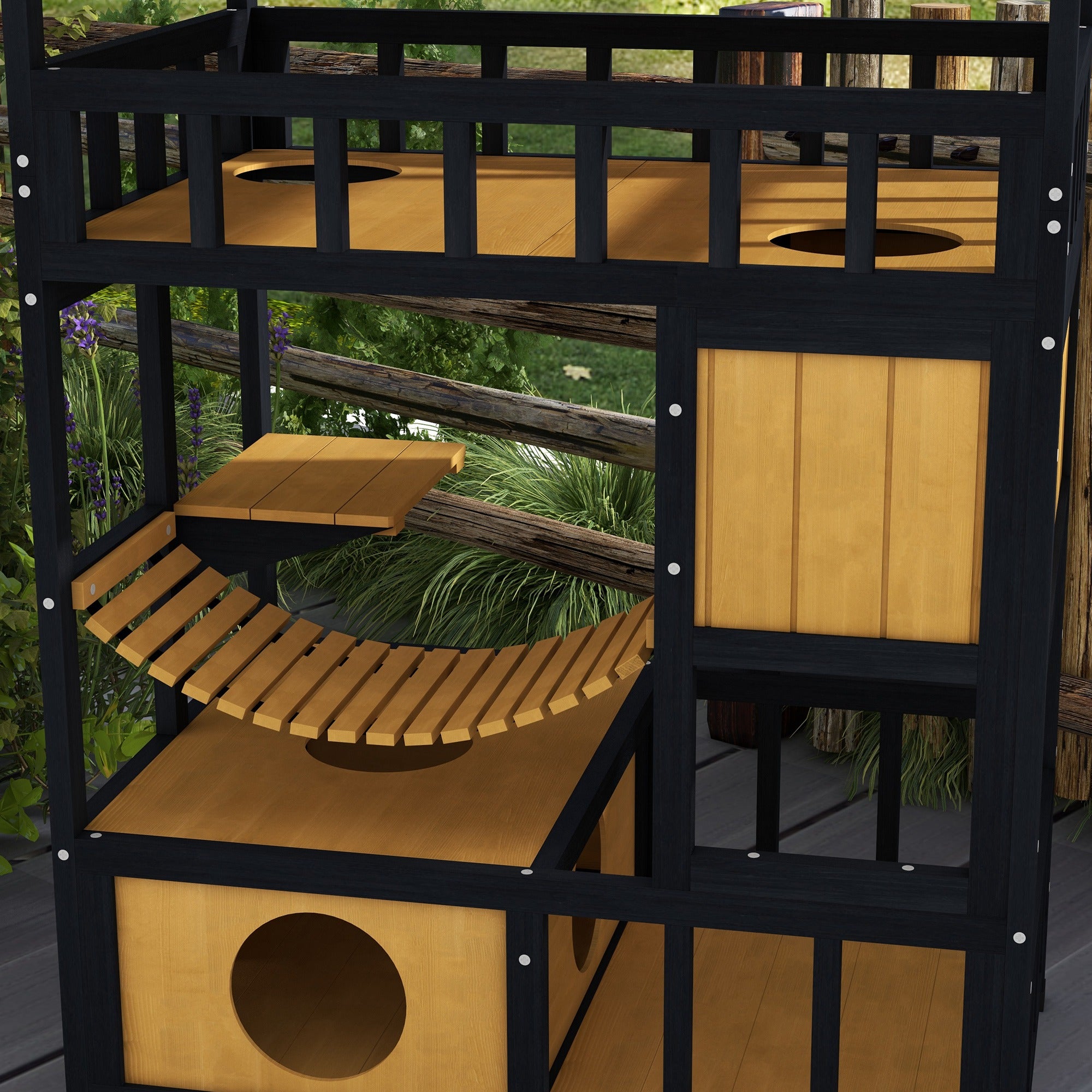 PawHut Katzenhaus, Katzenparadies mit Plattformen, Hängebrücke und Katzenhöhlen, für bis zu 2 Katzen geeignet, Holz
