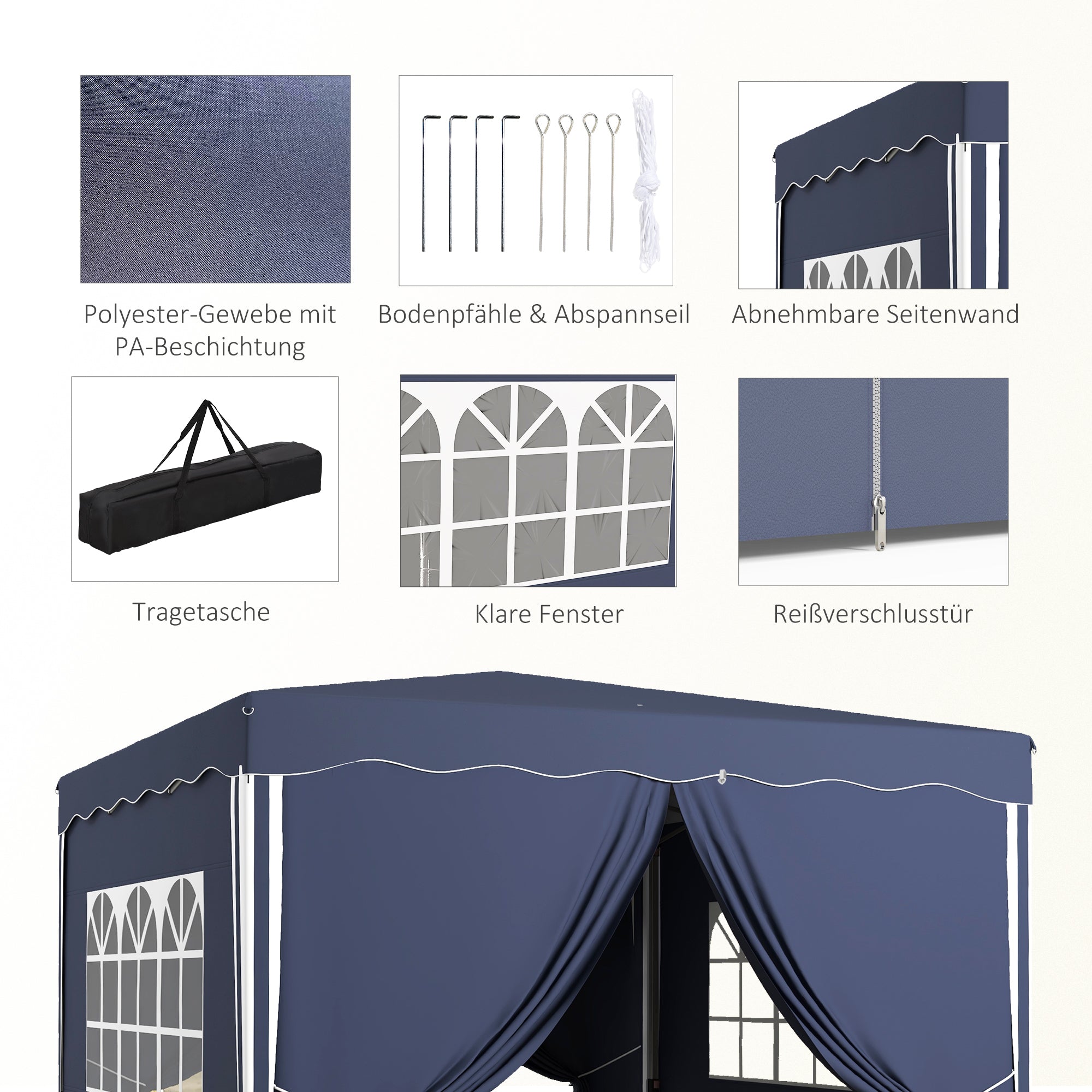Outsunny Faltpavillon, Gartenpavillon, höhenverstellbar, 2 große Fenster, Tragetasche, Metallgestell, 3x3m, Blau