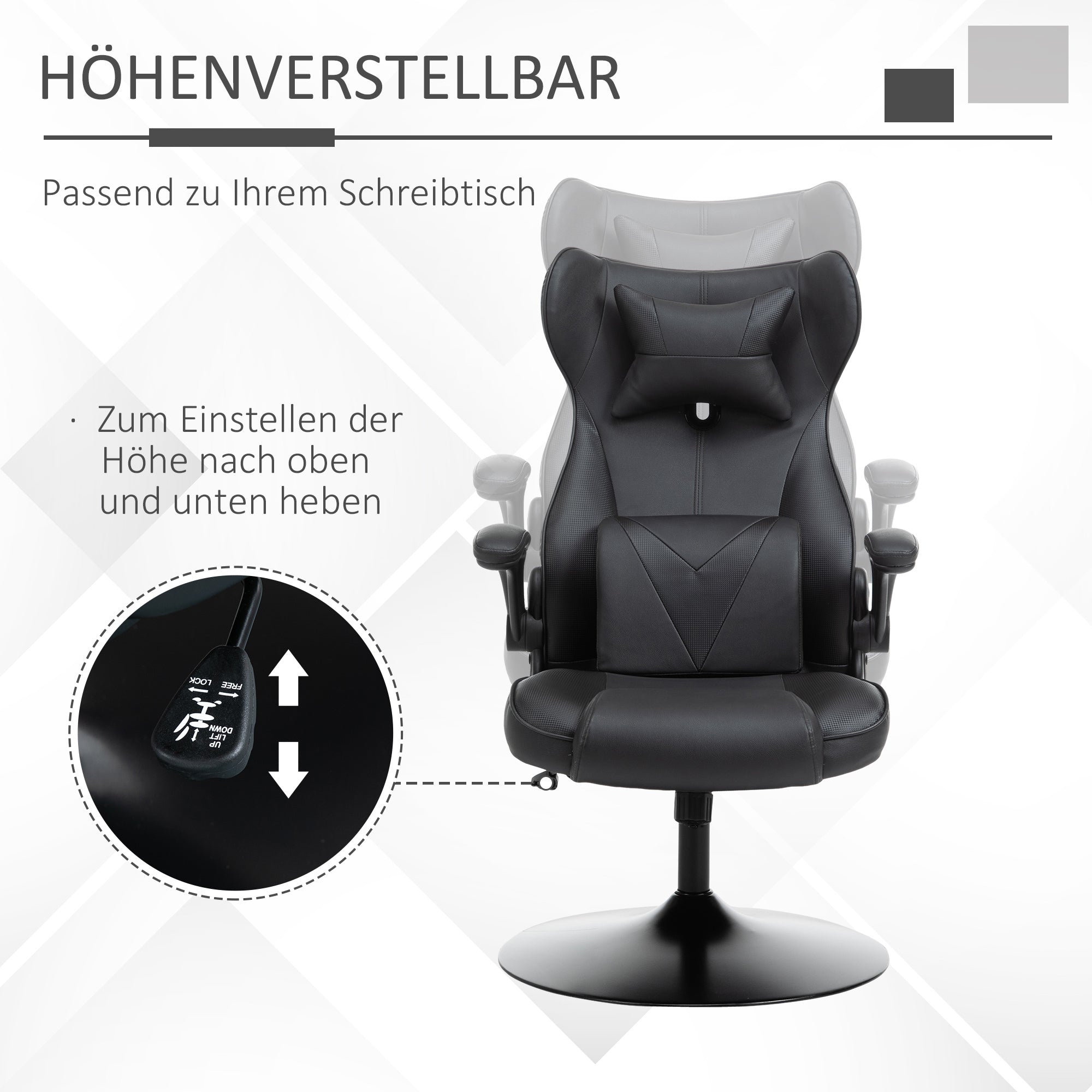 Vinsetto Gaming-Stuhl, Wippfunktion, Lendenkissen, höhenverstellbar, Kunstleder, 67x71x112 cm, Schwarz