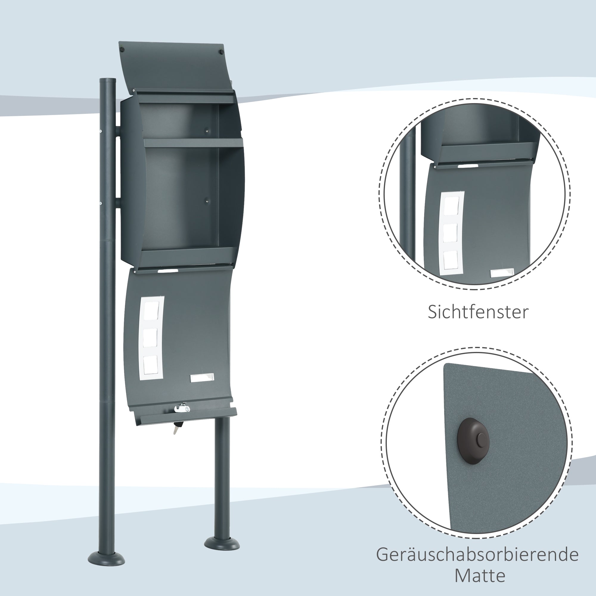 HOMCOM Briefkasten Postkasten, Verriegelung, Standbriefkasten, 2 Schlüssel, Stahl, 44 cm x 15 cm x 114 cm,  Grau