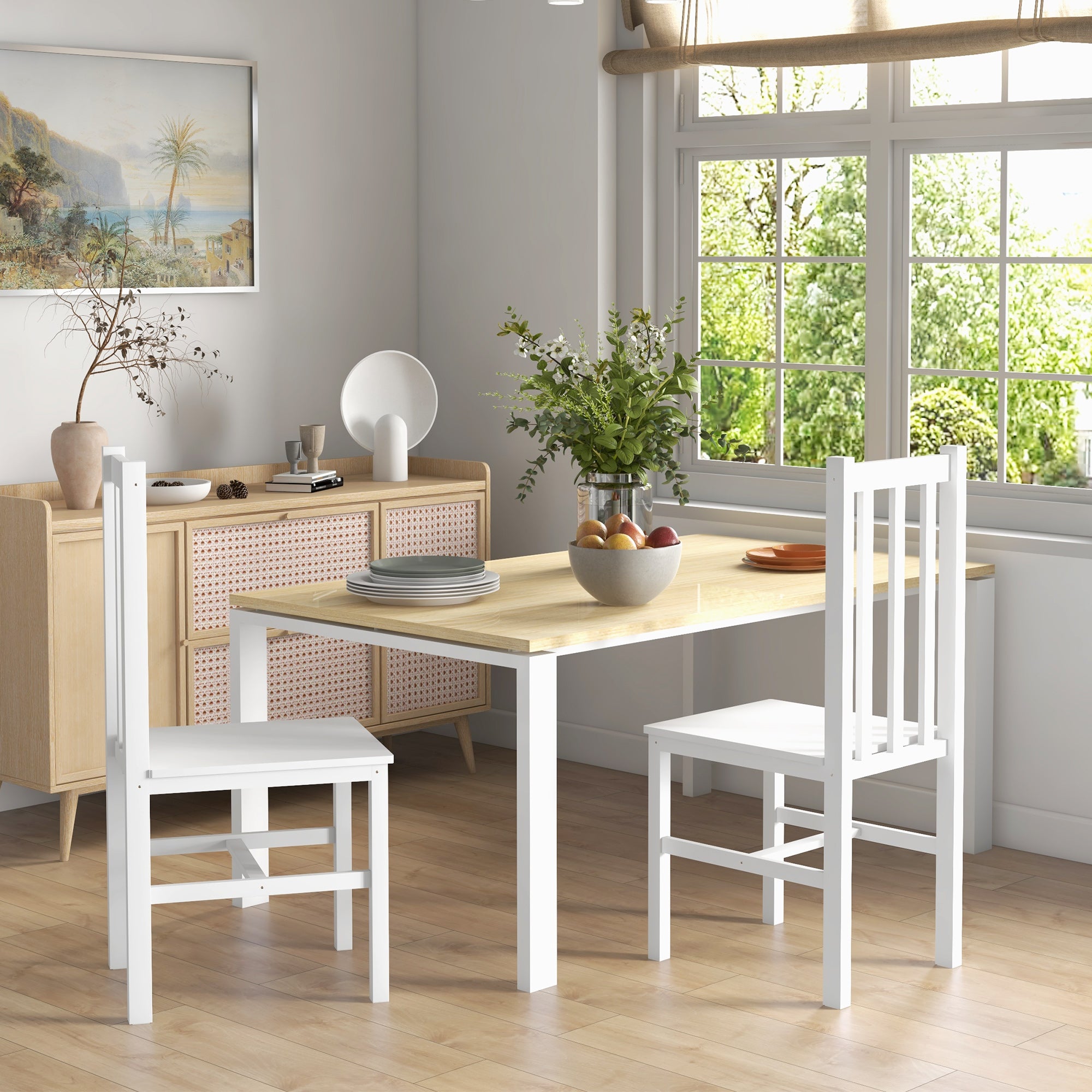 HOMCOM 2er-Set Küchenstühle Esszimmerstühle Stühle, Massivholz, modernes Design, 38, 5 cm x 47,5 cm x 99 cm, Weiß