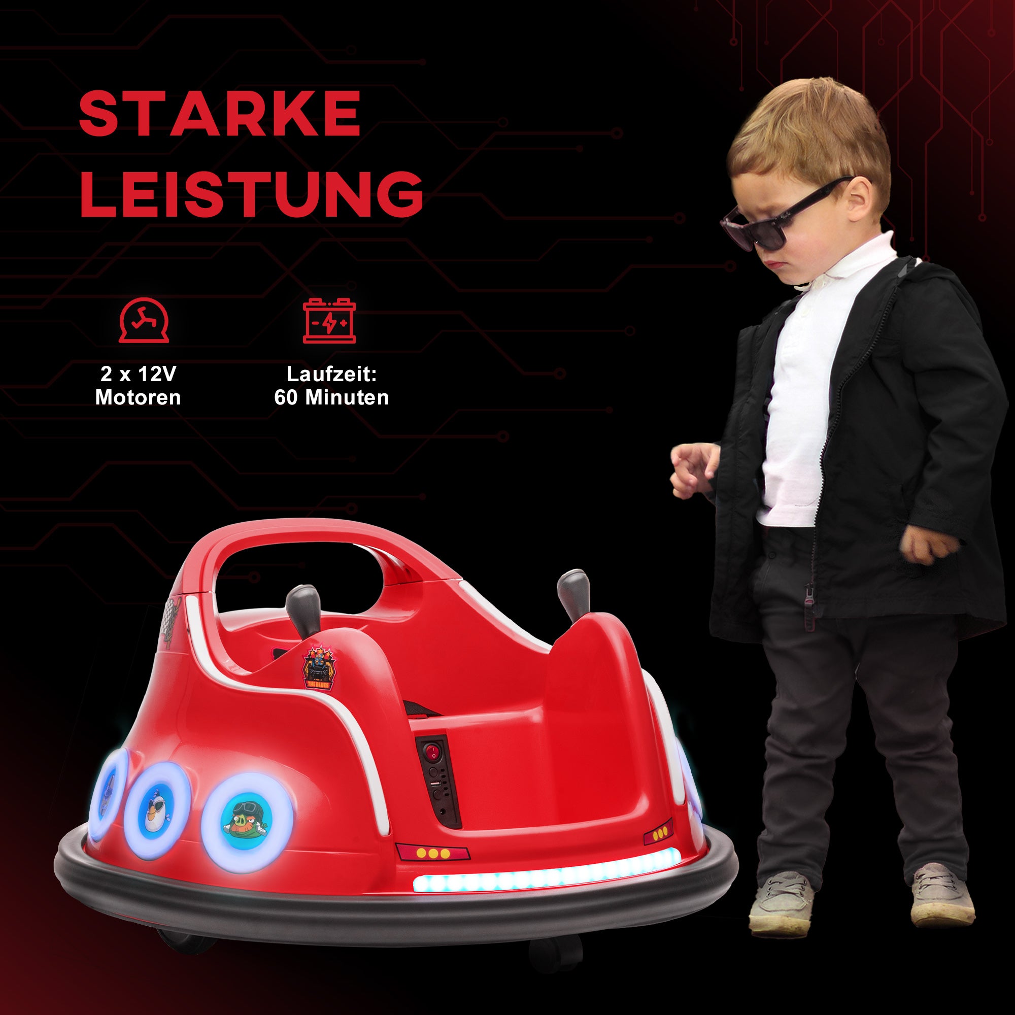 AIYAPLAY Kinder-Autoscooter, 360°-Drehung, für 3-5 Jahre, mit Fernbedienung, Musik, Rot