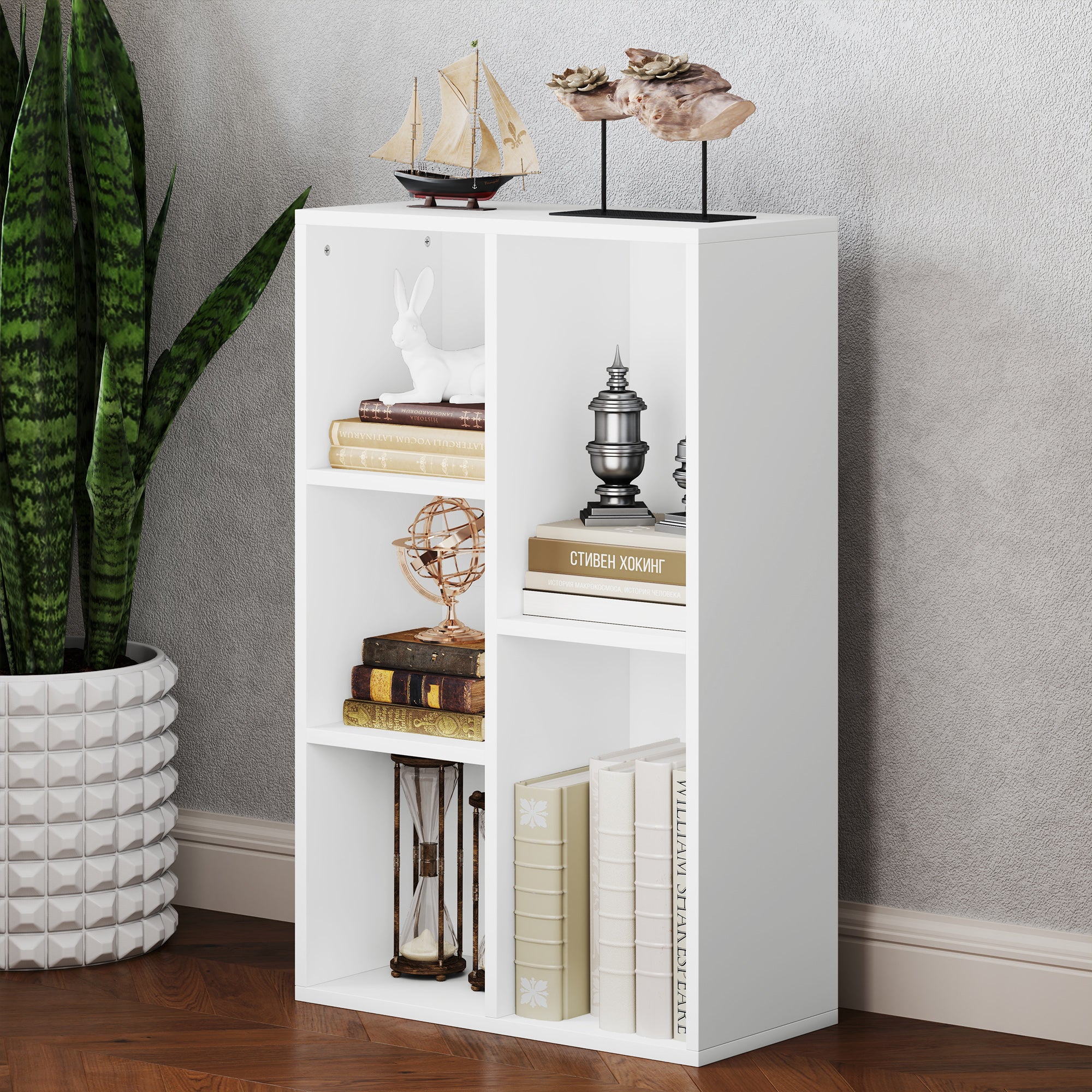 HOMCOM 2-Ebenen-Bücherregal, 5 Fächer, Spanplatte, Aufbewahrungsregal, Weiß