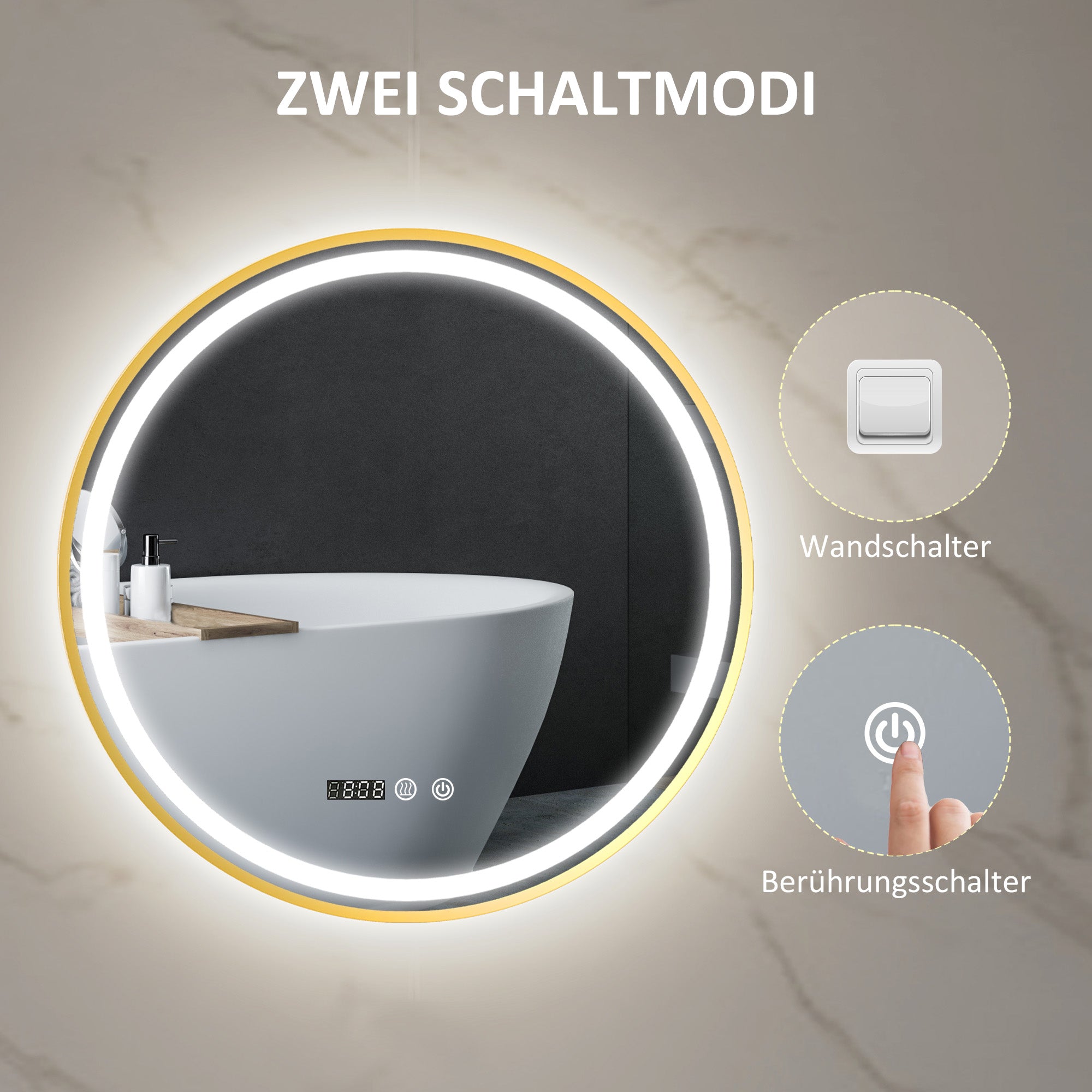 HOMCOM Runder Badezimmerspiegel mit LED-Lichtern, Badspiegel mit Anti-Beschlag-Funktion, Touch-Bedienung, Display