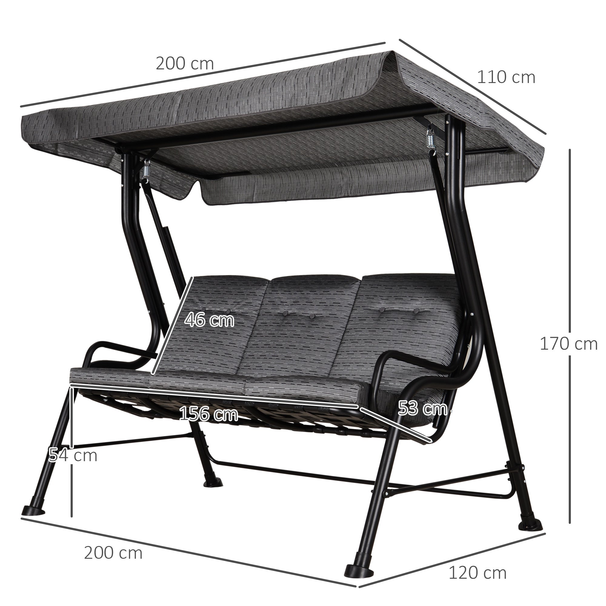 Outsunny Hollywoodschaukel, 3-Sitzer Gartenschaukel, Verstellbares Sonnendach, Texteline Grau 200 x 120 x 170 cm
