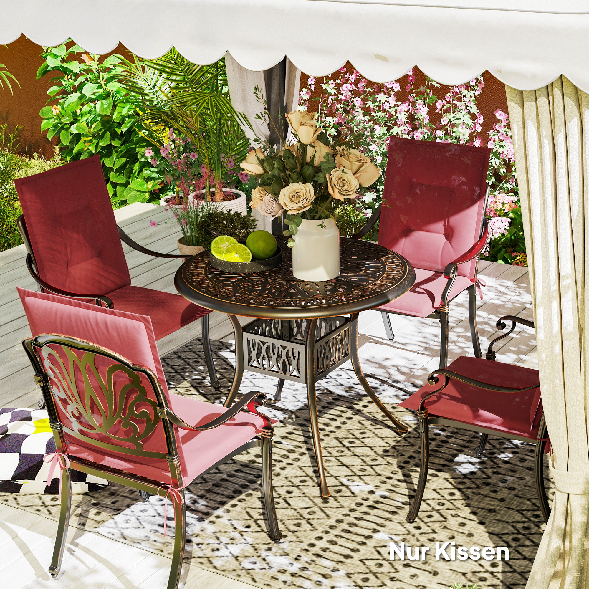 Outsunny 4er Set Sitzkissen 108 x 50 x 5 cm Stuhlkissen mit Bändern, Outdoor Indoor Sitzauflage Weinrot