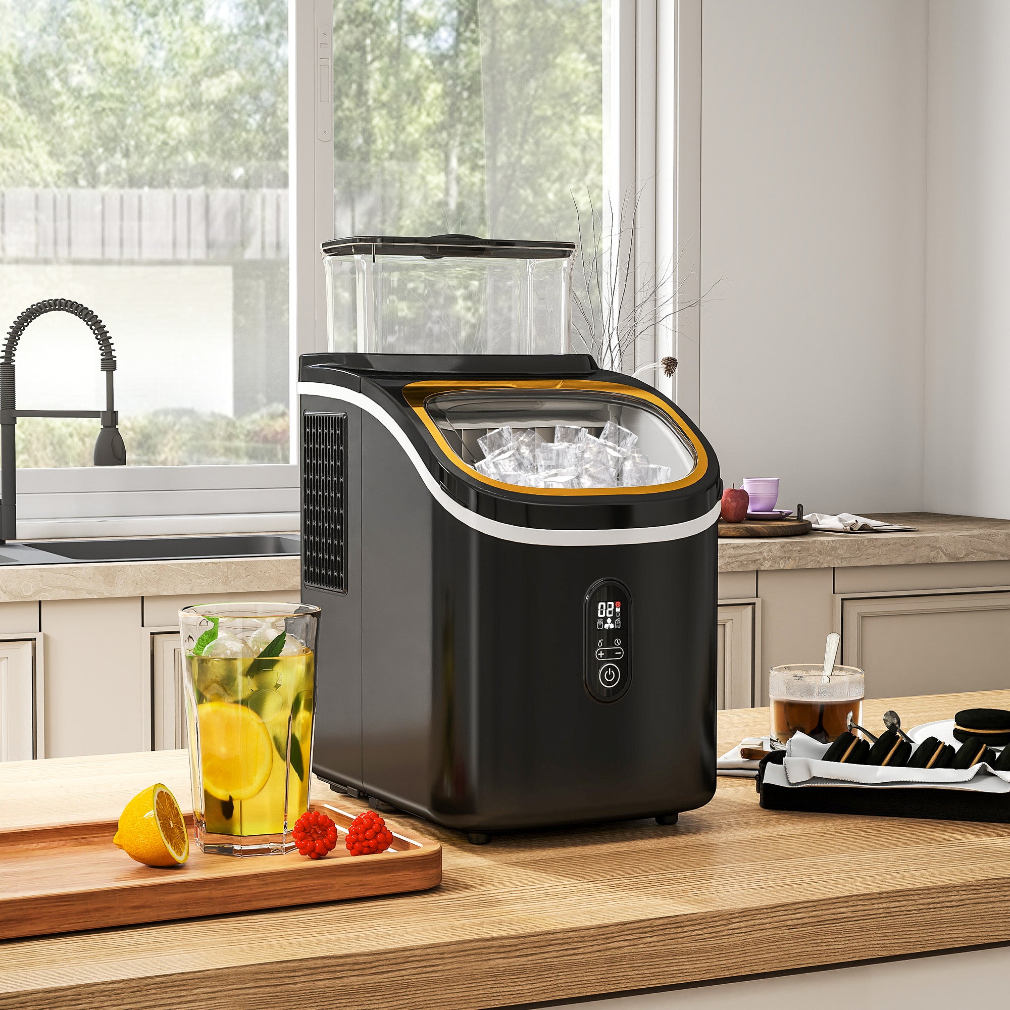 HOMCOM Eiswürfelmaschine, leiser Betrieb, kompaktes Design, mit Eiskorb, Schaufel, Schwarz