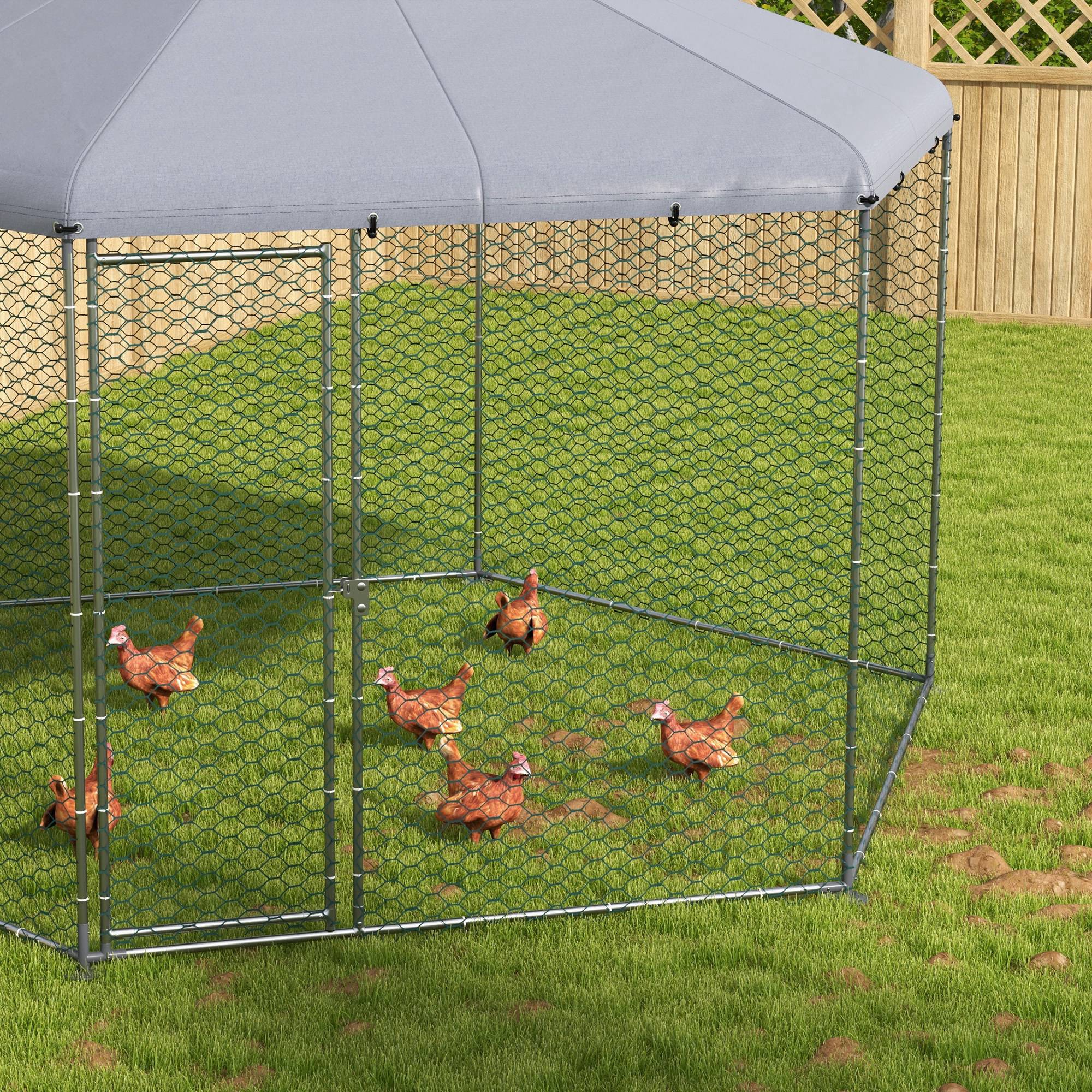 PawHut Hühnergehege mit schattenspendendem Dach, verzinktes Stahl, für 10-15 Tiere, Silber