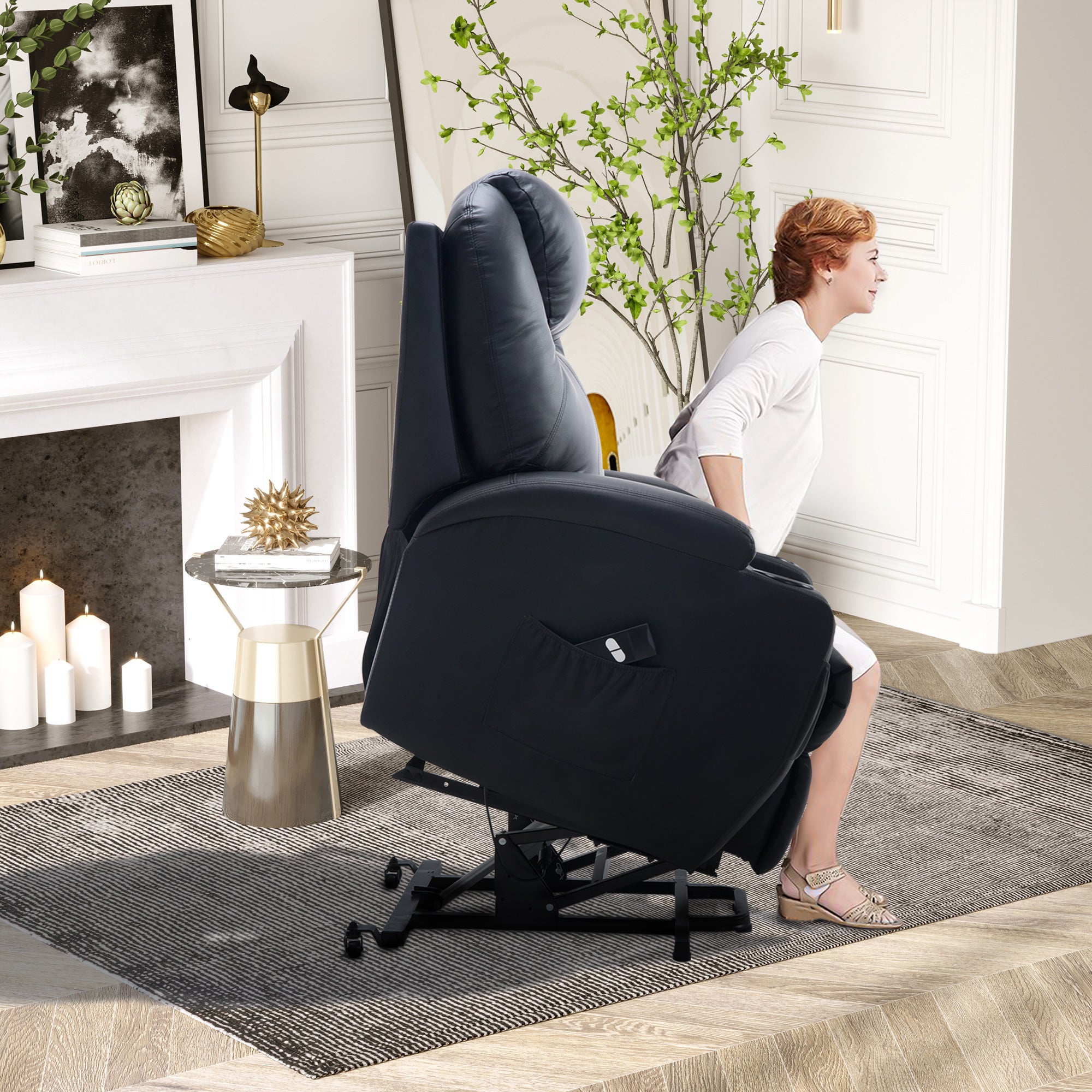 HOMCOM Fernsehsessel mit Aufstehhilfe Elektrisch Relaxsessel mit Liegefunktion, TV-Sessel mit Becherhalter, Seitentasche und Fernbedienung, Kunstleder, Schwarz