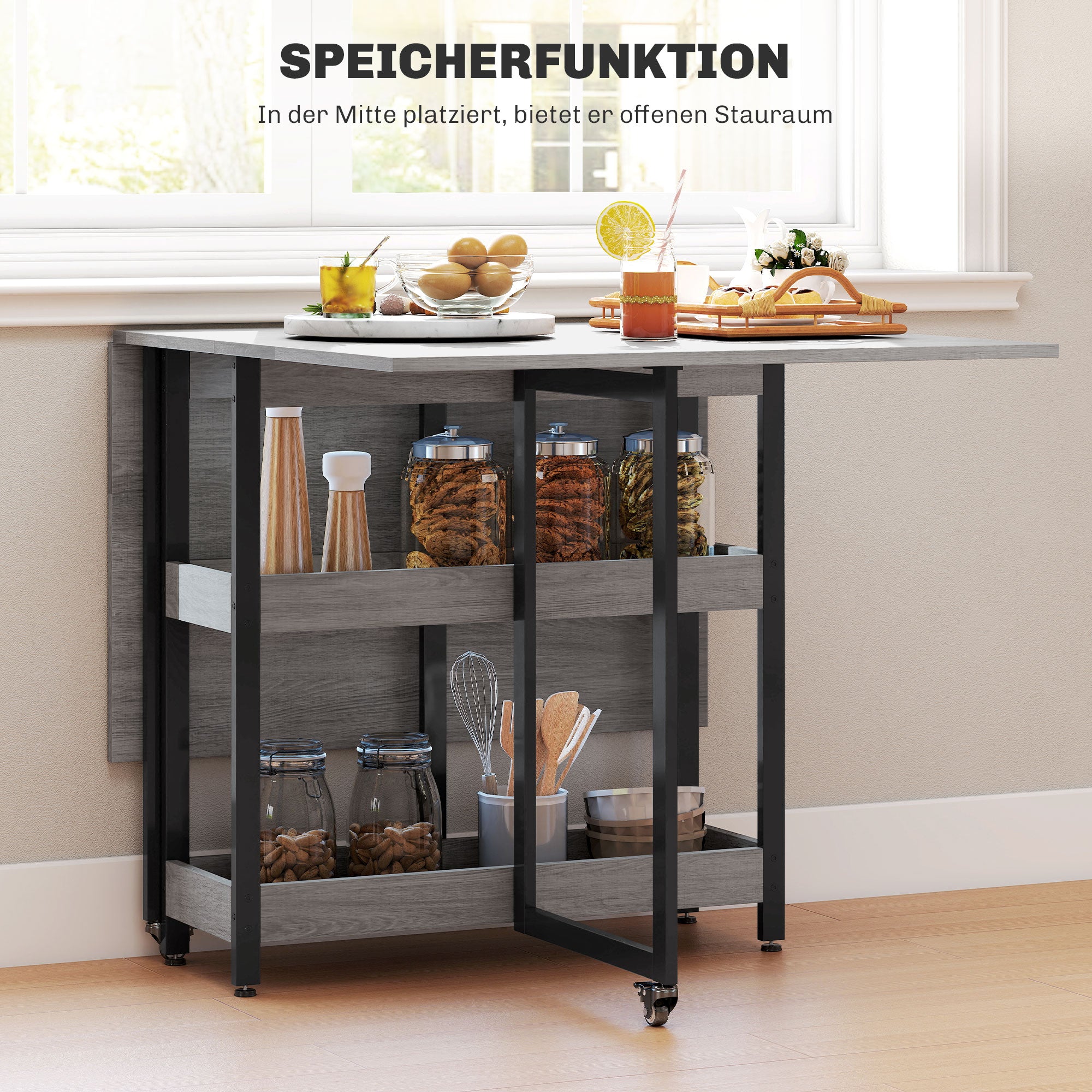 HOMCOM Klappbarer Esstisch im Industriedesign, für bis zu 4 Personen, offene Regale, flexibel, Metall, Spanplatte, Grau