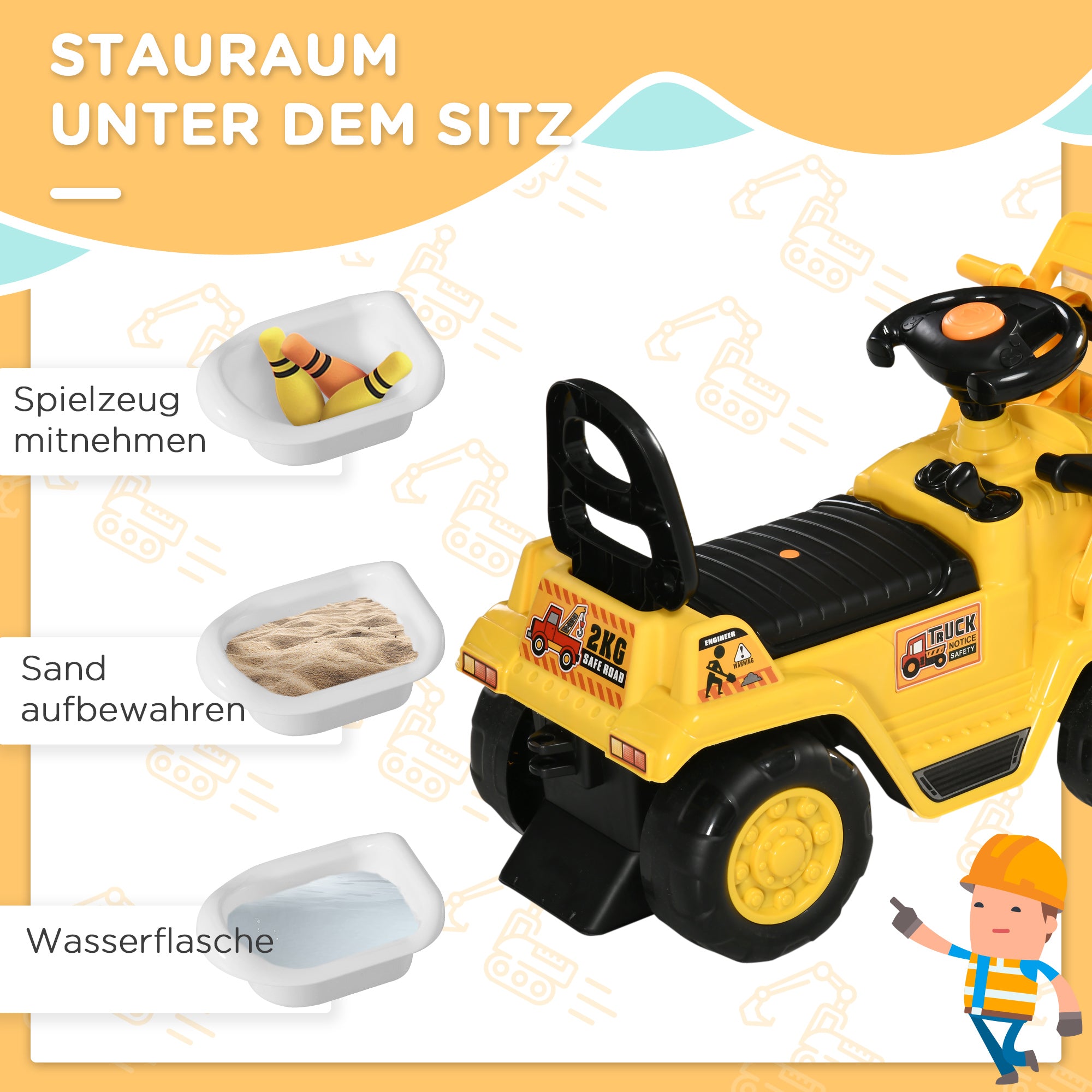 HOMCOM Aufsitzbagger, mit Kralle, Hupe, Sound-Effekten, Stauraum, Kippschutz, für Kinder 2-4 Jahre