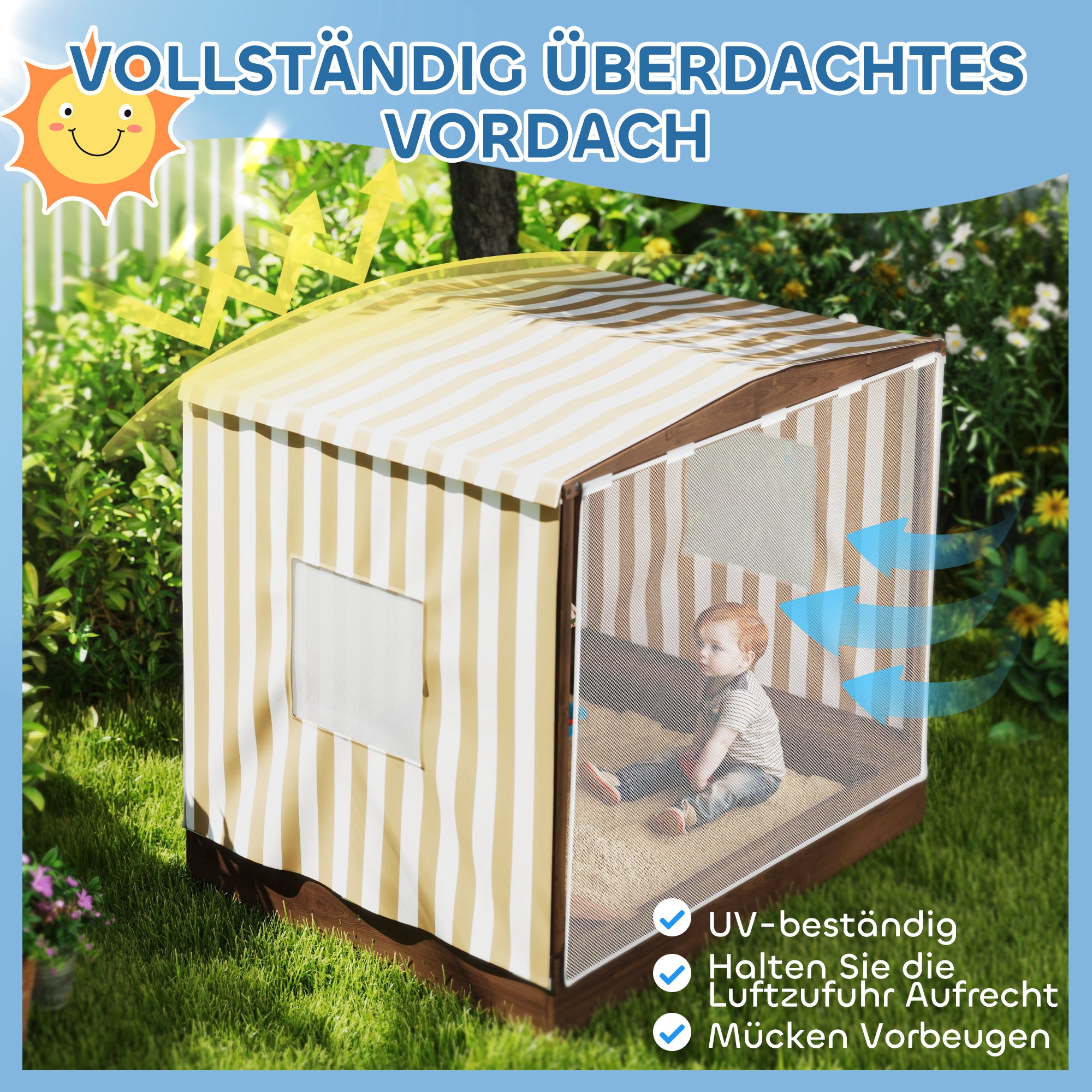 AIYAPLAY Sandkasten, Sandkiste mit Vordach und Netztür, Sitzbänke, Bodenschutz, Braun