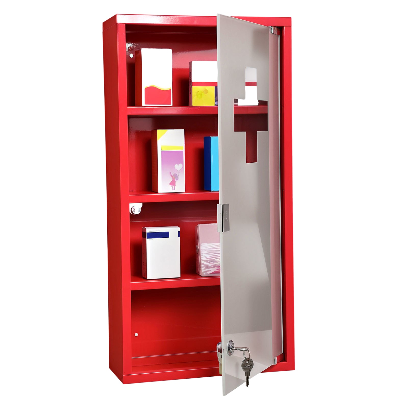 HOMCOM Medizinschrank Arzneischrank Medikamentenschrank mit 3 Ebenen Erste-Hilfe-Schrank mit Schloss Apothekerschrank mit Mattglastür Stahl Rot 27 x 57 x 12 cm