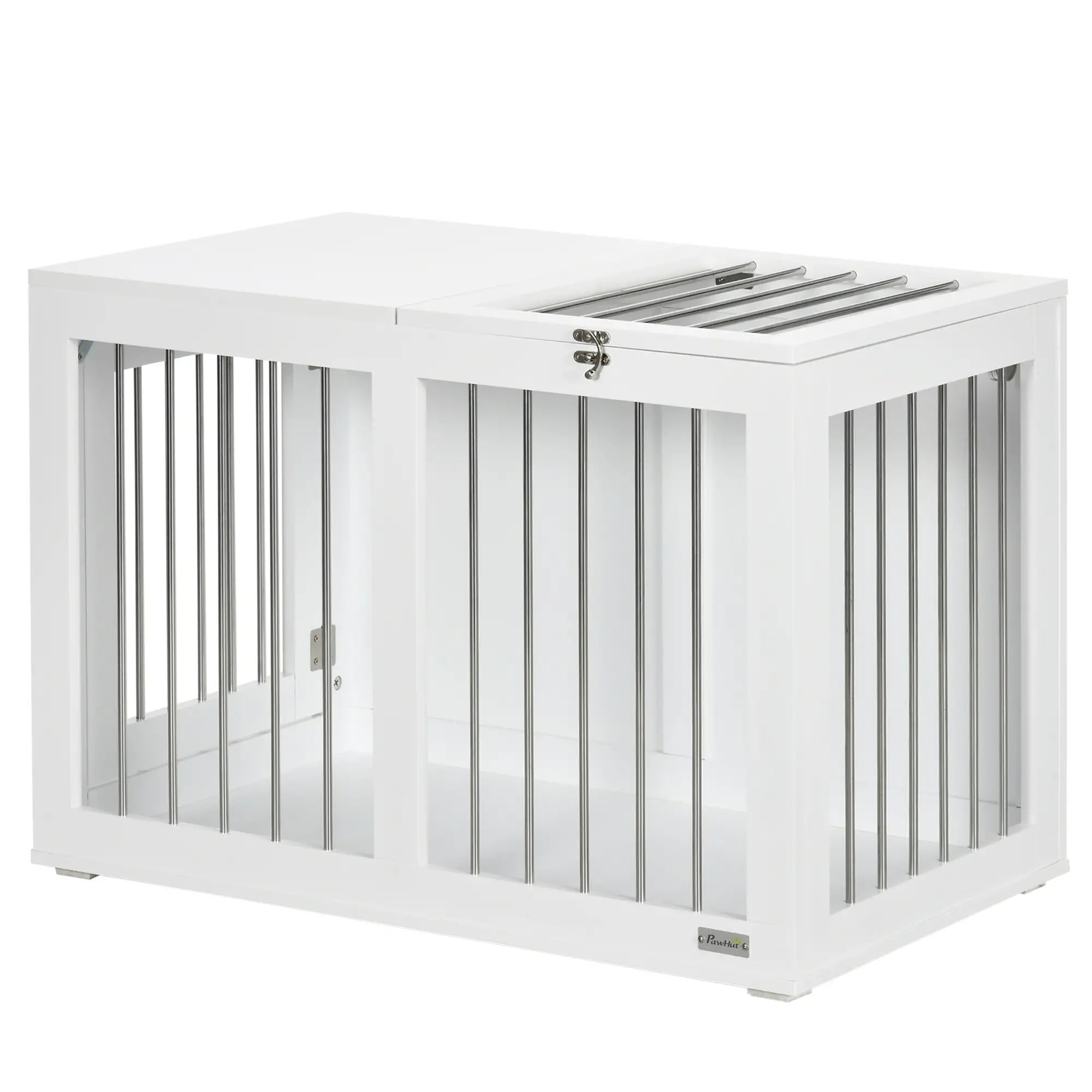 PawHut Hundekäfig mit 2 Türen, Hundebox, verriegelbar, Stahlgitter, 80 cm x 50 cm x 56,5 cm, Weiß + Silber