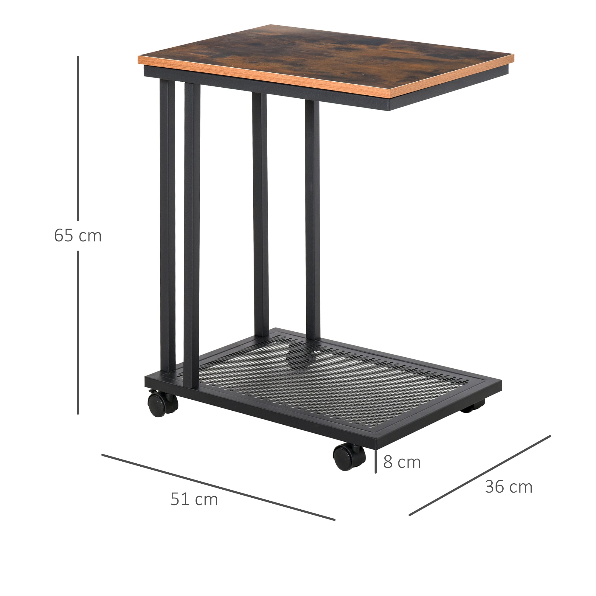 HOMCOM Beistelltisch C-Form Rollwagen Servierwagen Laptoptisch Sofatisch Beistelltisch Nachttisch Betttisch mit Metallgestell Industrie-Design Nachttisch Schwarz + Walnuss gemasert 51 x 36 x 65 cm