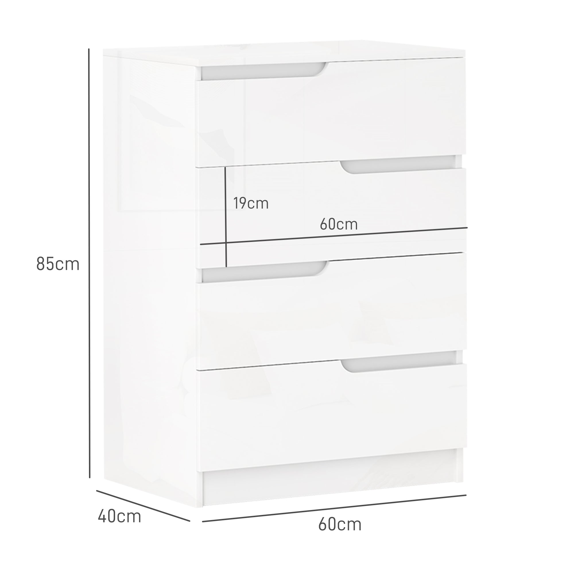 HOMCOM Moderne Kommode, Kleiderschrank, 4 Schubladen, Holz, Kippschutz, Fußpolster, Weiß