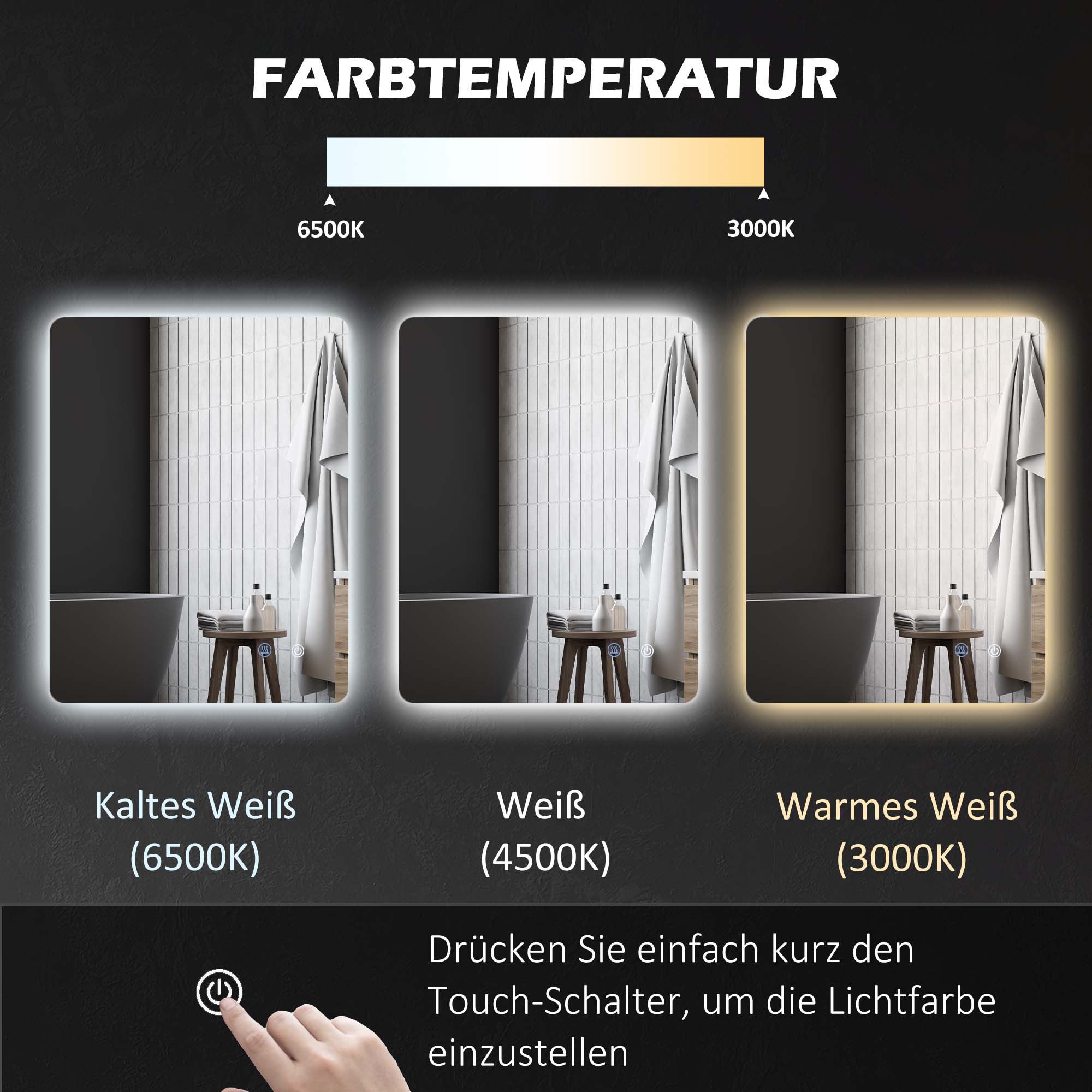 kleankin LED-Badezimmerspiegel, Antibeschlag, Touch-Schalter, Hintergrundbeleuchtung, 70 x 50 cm, Weiß